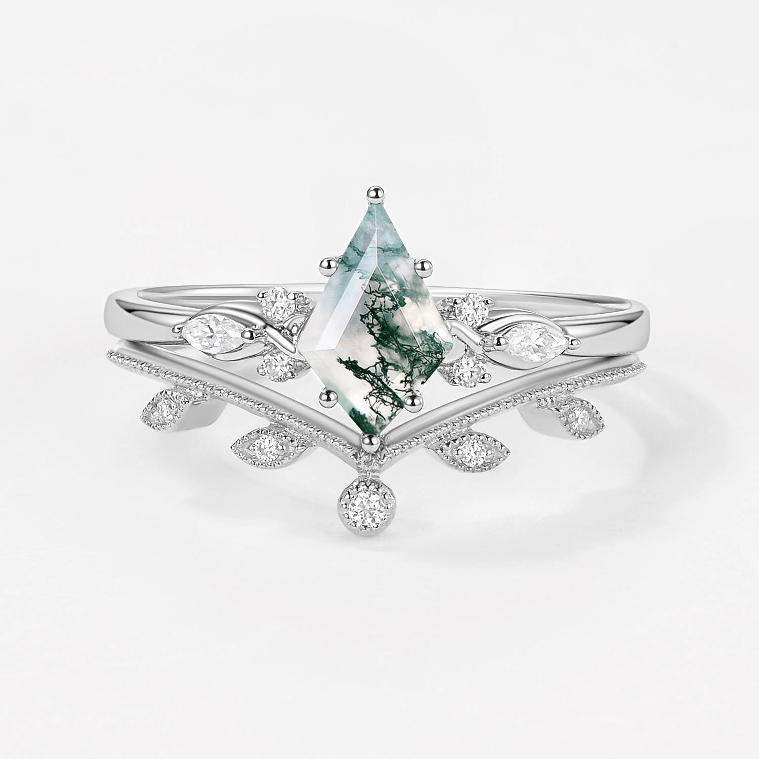 Green Leafy Unique Kite Moss Agate Engagement Ring Sets 2pcs Handcrafted Gift
