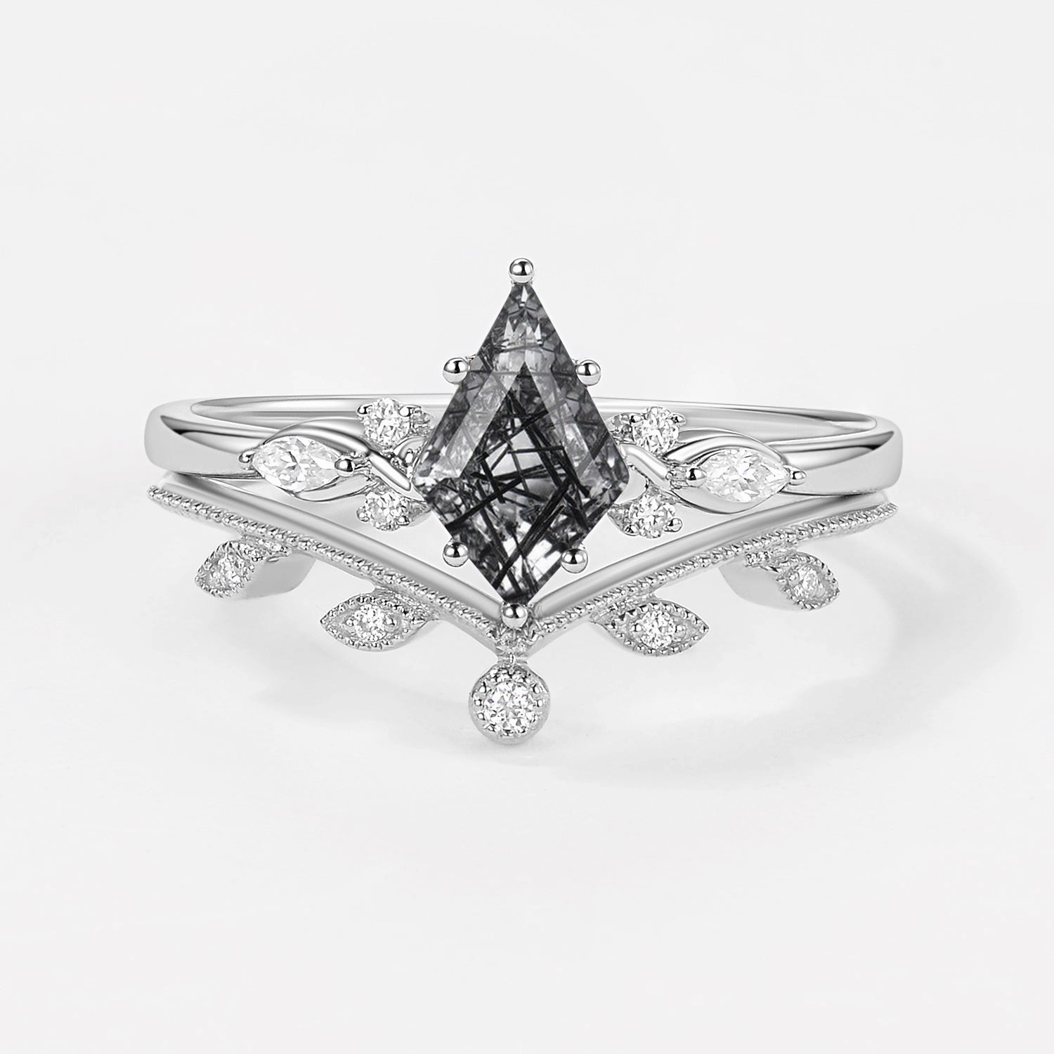 Brilliant Finish Green Leafy Unique Kite Moss Agate Engagement Ring Sets 2pcs