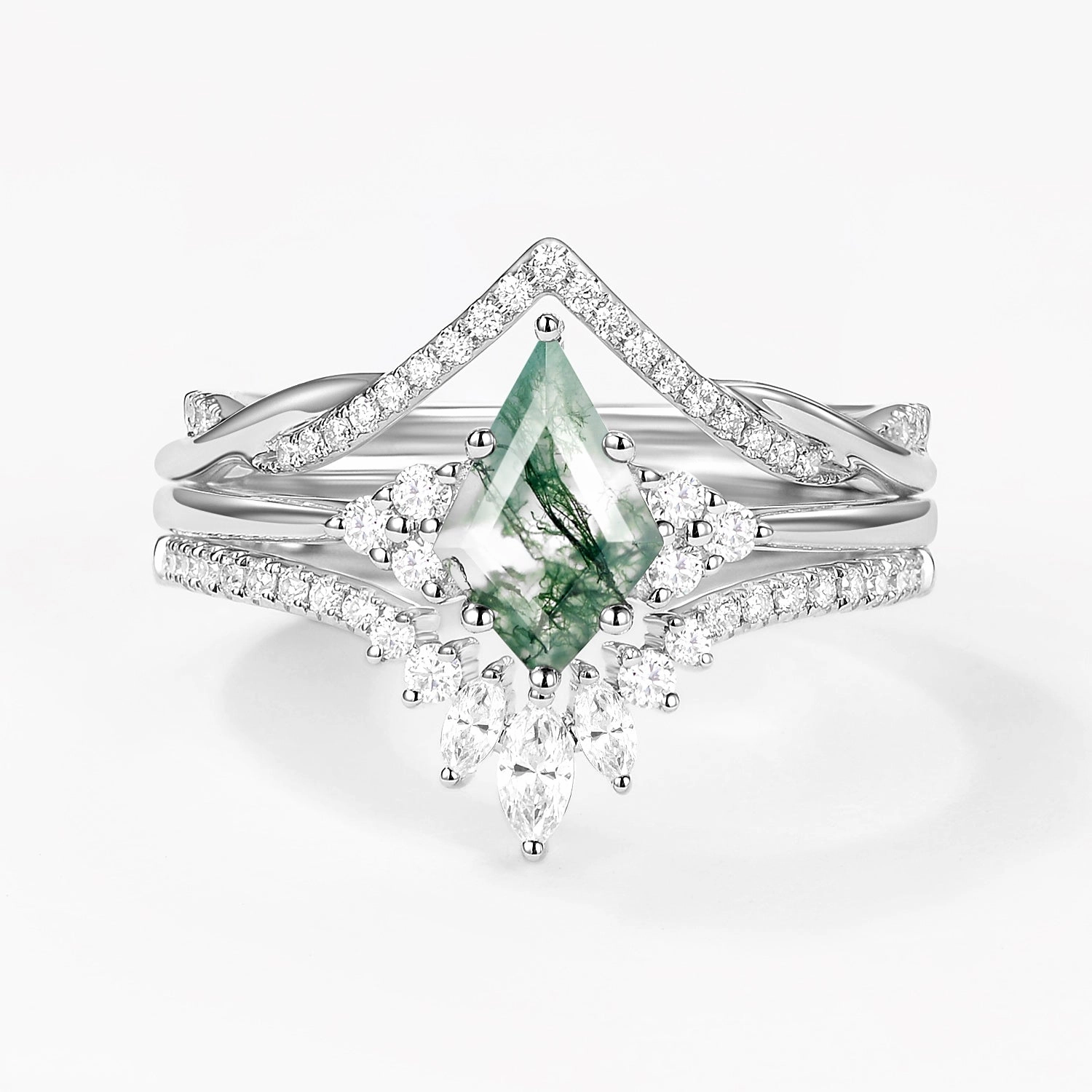 Green Moss Agate Kite Cut Infinity Curved Engagement Ring Set 3pcs Dainty Accessory