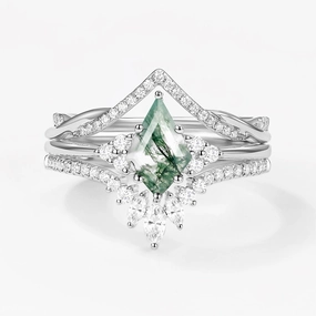 Green Moss Agate Kite Cut Infinity Curved Engagement Ring Set 3pcs Dainty Accessory