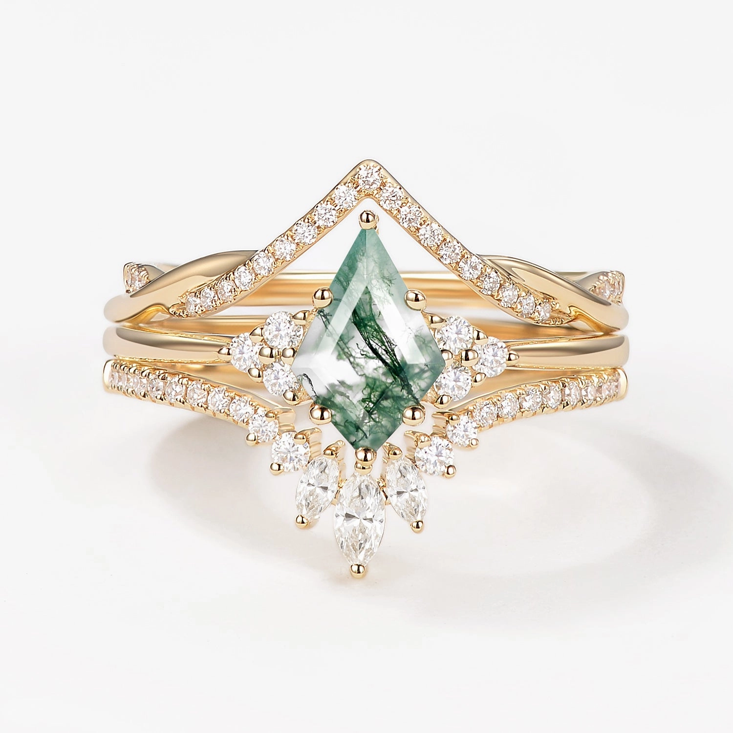 Soft Glow Up Green Moss Agate Kite Cut Infinity Curved Engagement Ring Set 3pcs