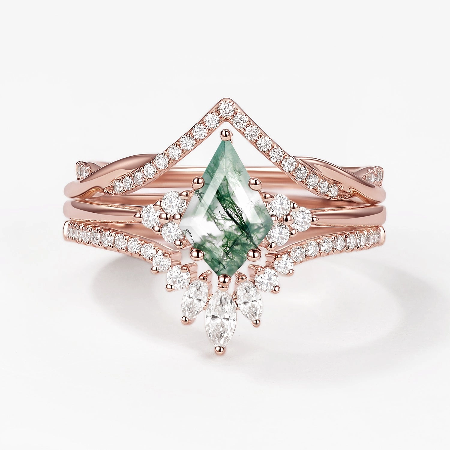 Minimal Chic Green Moss Agate Kite Cut Infinity Curved Engagement Ring Set 3pcs