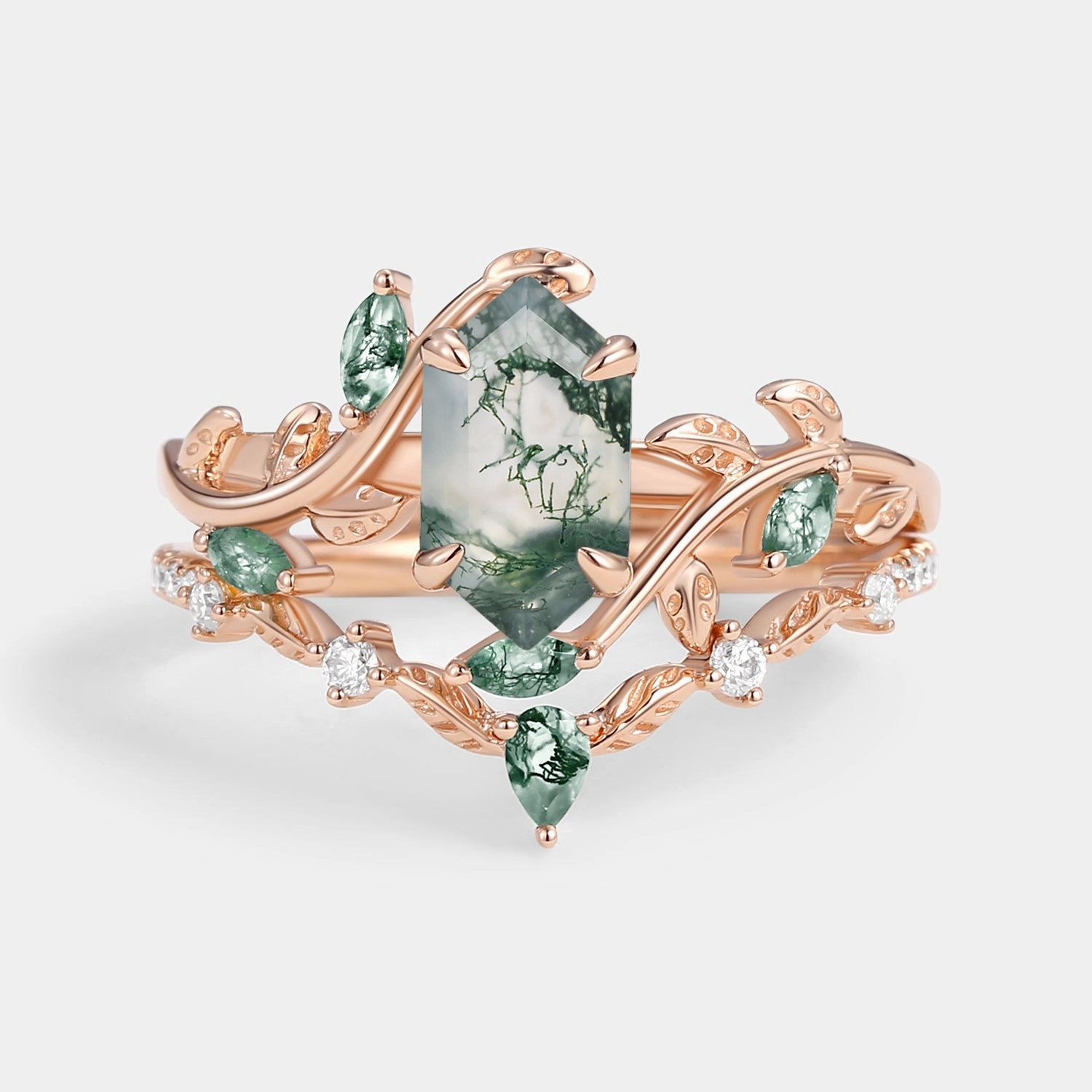 Green Moss Agate Long Hexagon Vine Engagement Ring Set 2pcs - Daphne Handmade Design Iconic Style