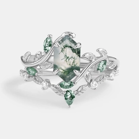 Distinctive Detail Vintage Style Green Moss Agate Long Hexagon Vine Engagement Ring Set 2pcs - Daphne