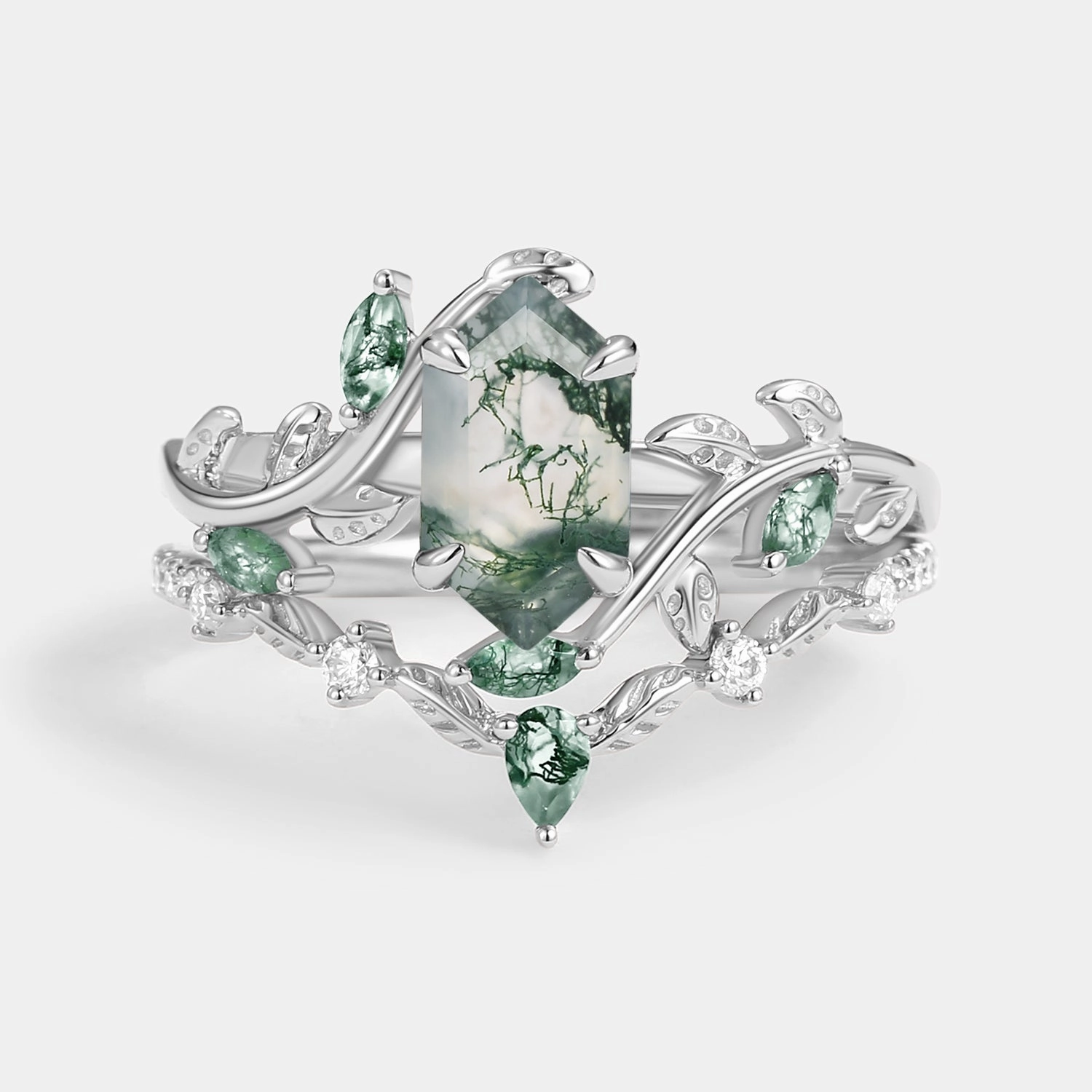 Green Moss Agate Long Hexagon Vine Engagement Ring Set 2pcs - Daphne Fun Detail Designer Embellishment