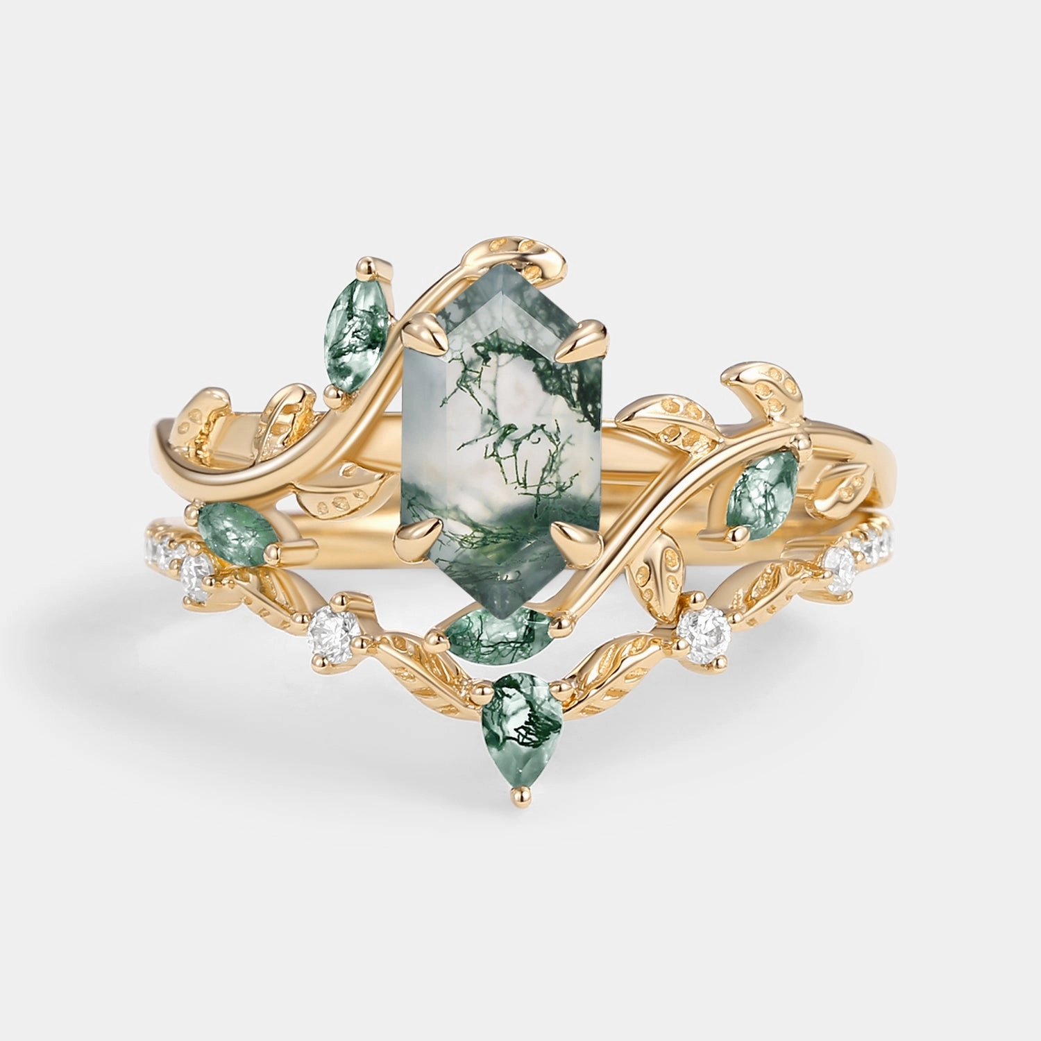 Green Moss Agate Long Hexagon Vine Engagement Ring Set 2pcs - Daphne Brilliant Art Cultural Gift