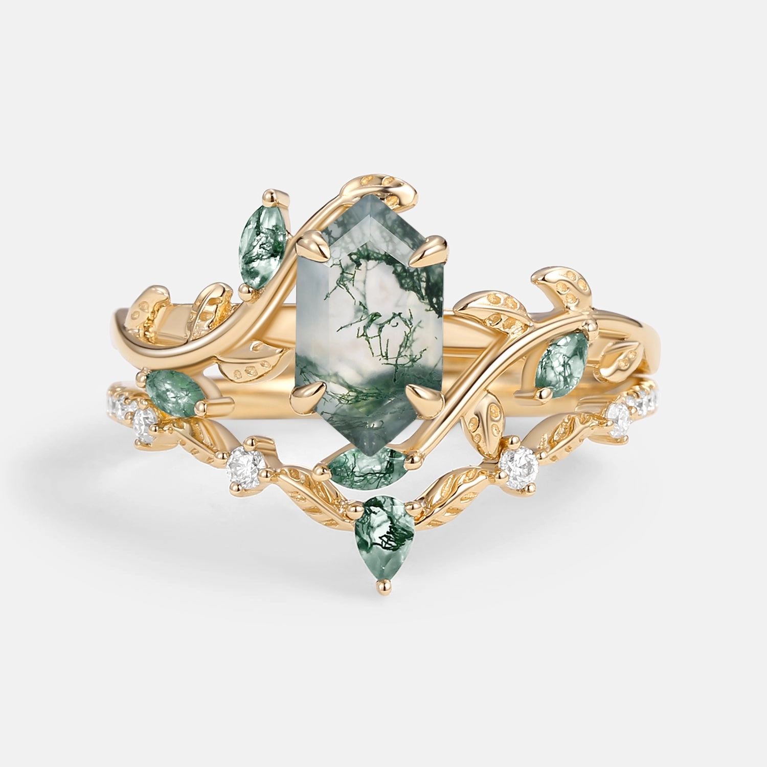 Green Moss Agate Long Hexagon Vine Engagement Ring Set 2pcs - Daphne Vintage feel
