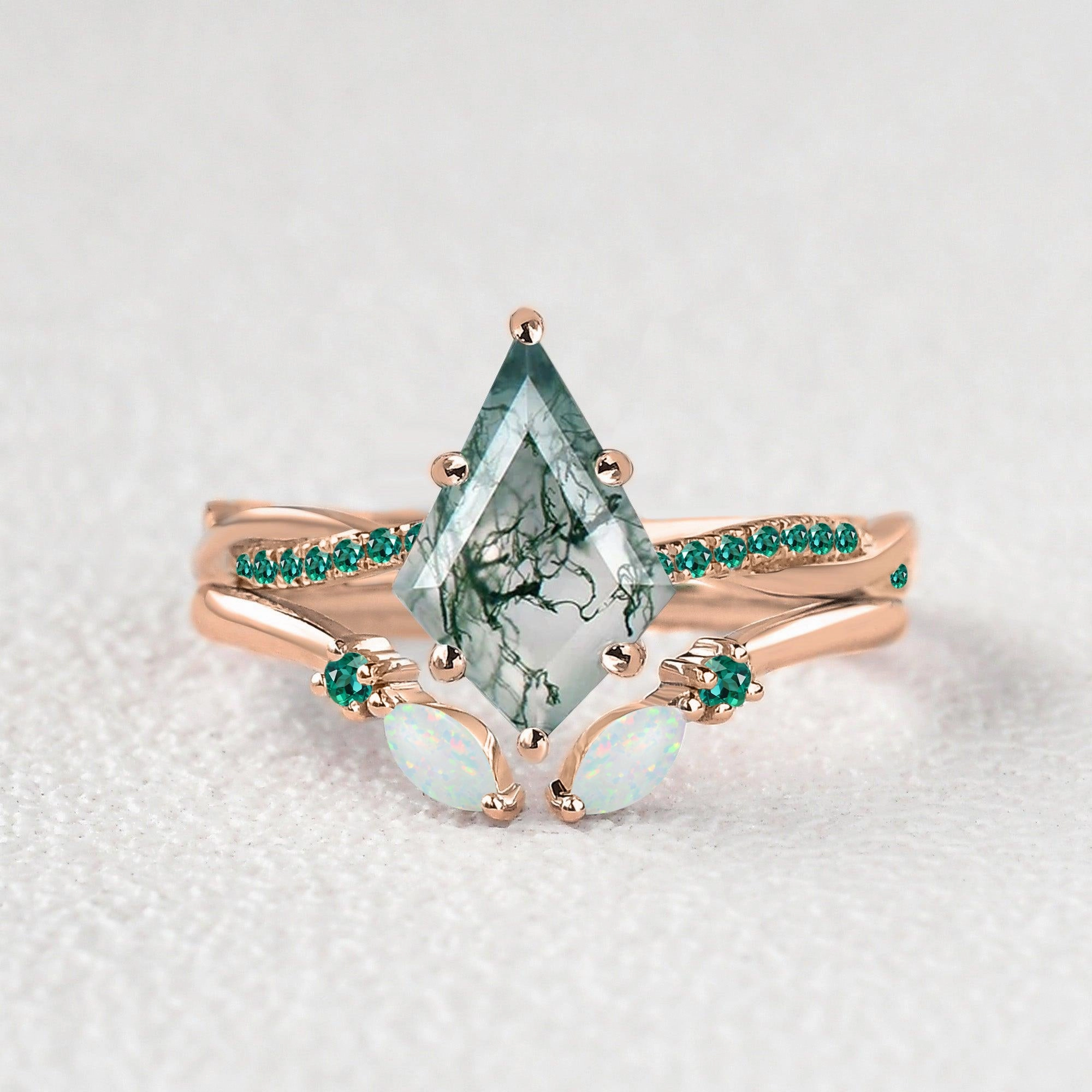 Green Moss Agate Marquise Emerald Band Engagement Ring Set 2pcs Luxury Craft