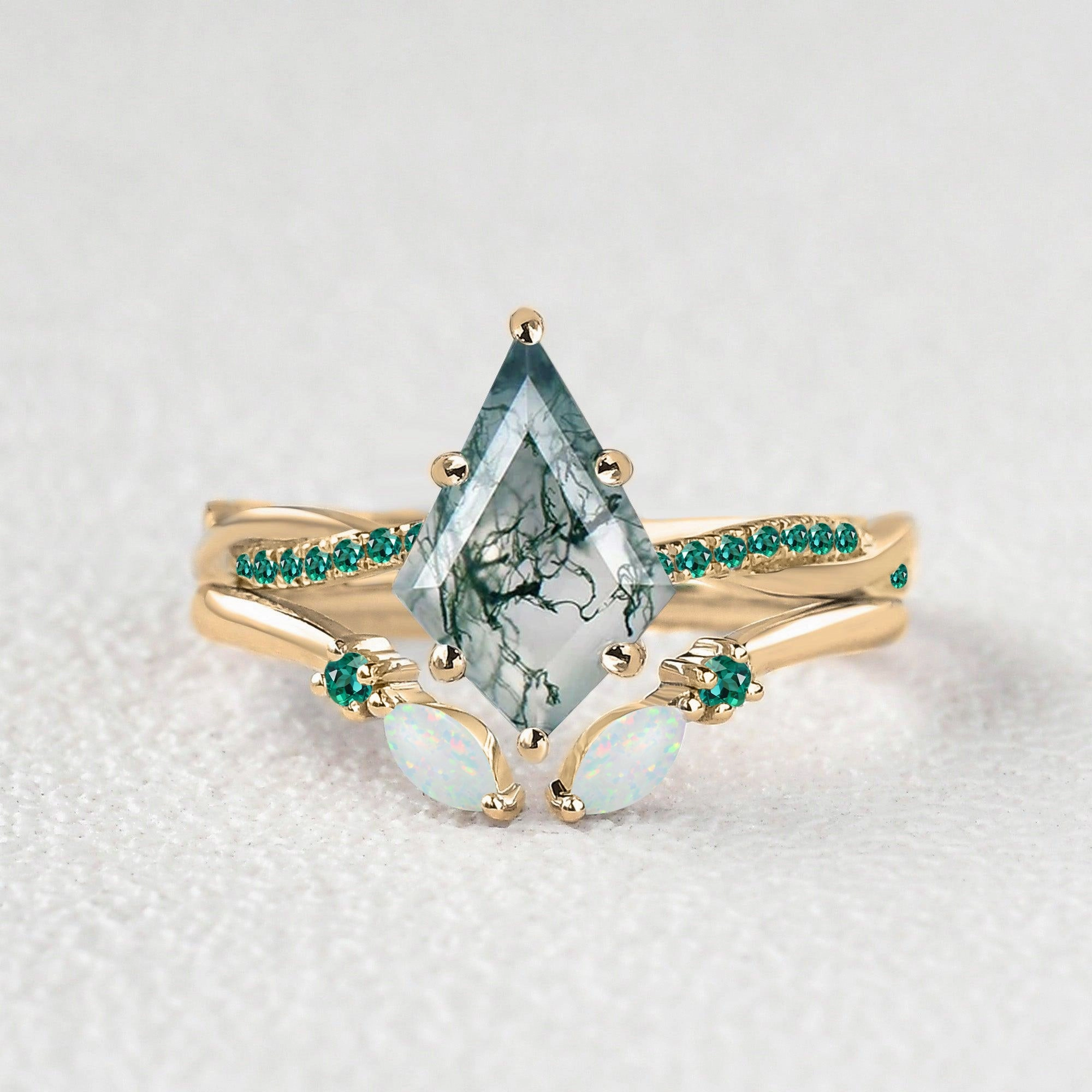 Strong Adornment Green Moss Agate Marquise Emerald Band Engagement Ring Set 2pcs