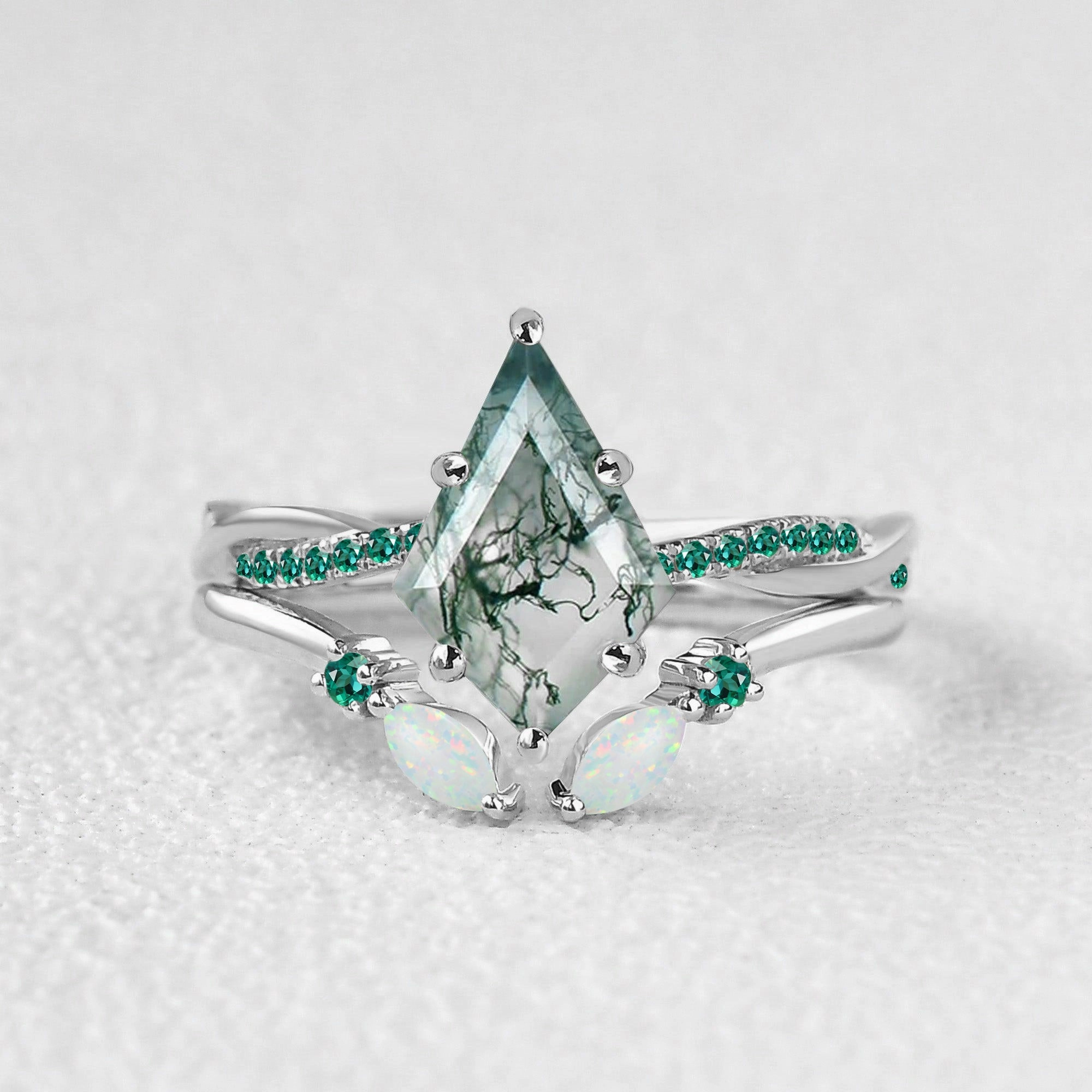 Green Moss Agate Marquise Emerald Band Engagement Ring Set 2pcs Modern Aesthetic