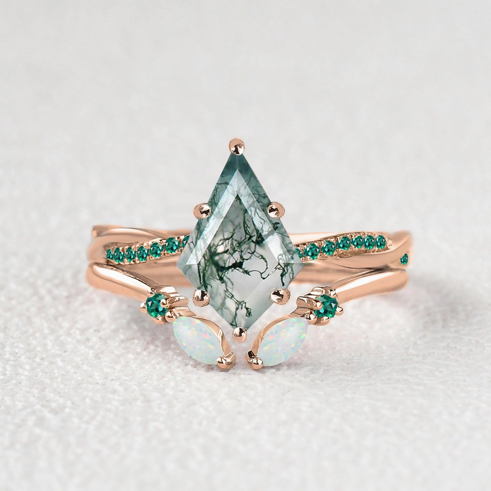Elegant Treasures Green Moss Agate Marquise Emerald Band Engagement Ring Set 2pcs