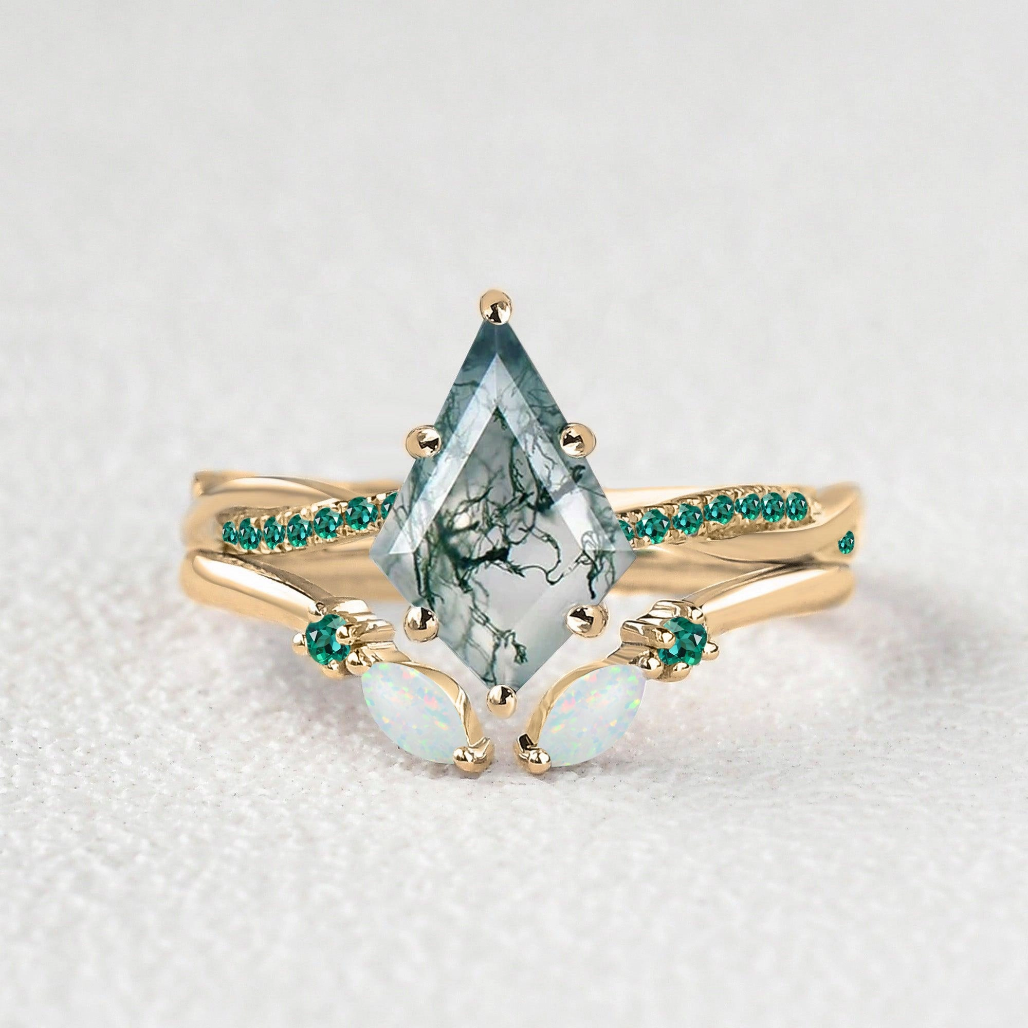 Radiant Pieces Polished Feature Green Moss Agate Marquise Emerald Band Engagement Ring Set 2pcs