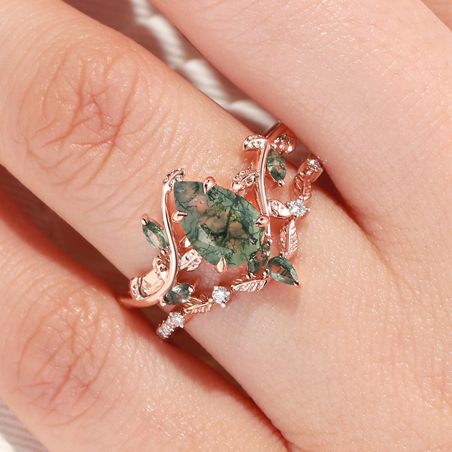 Glowing Details Green Moss Agate Pear Vine Engagement Ring Set 2pcs - Daphne