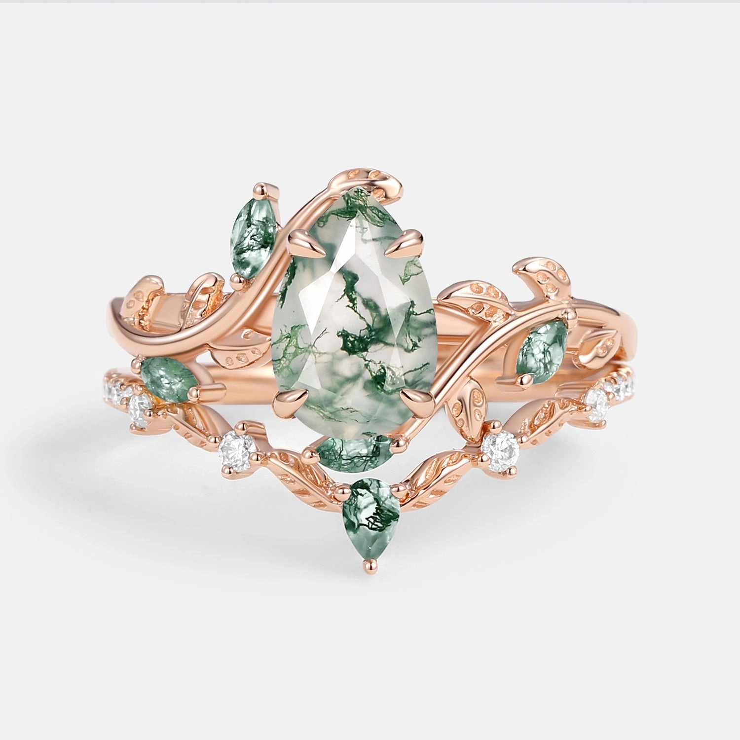 Chic Look Alluring Edge Green Moss Agate Pear Vine Engagement Ring Set 2pcs - Daphne