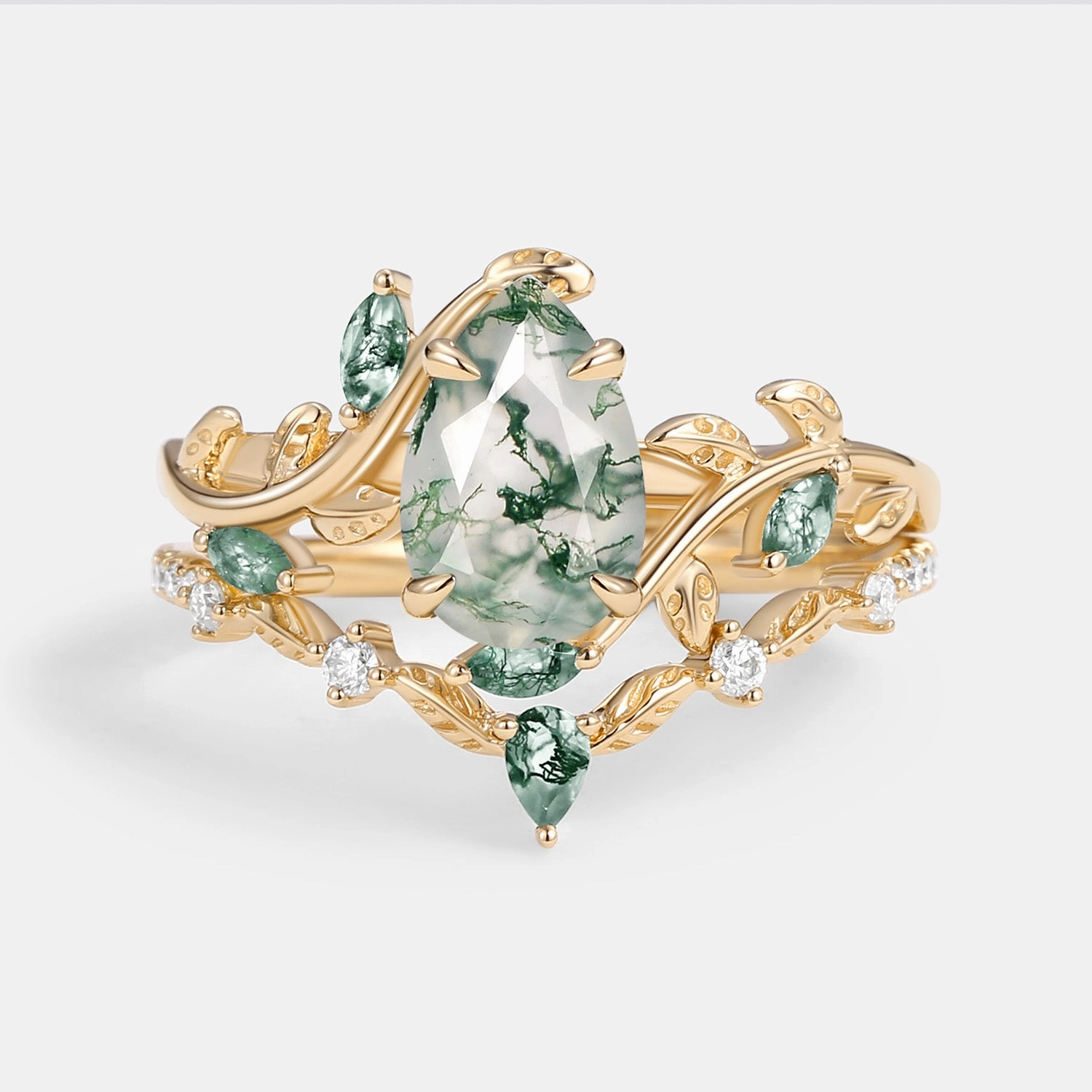 Green Moss Agate Pear Vine Engagement Ring Set 2pcs - Daphne Elegant Accent