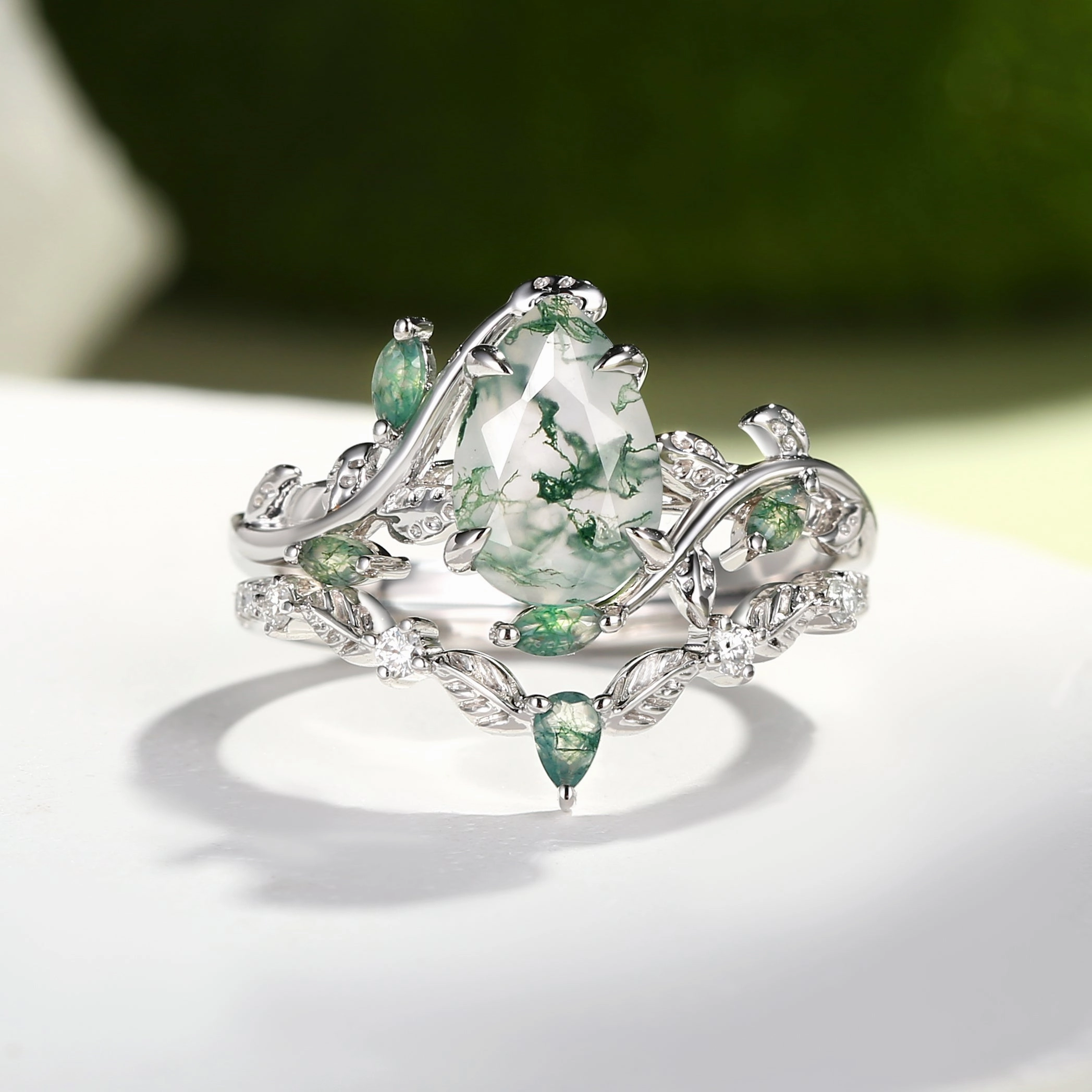 Green Moss Agate Pear Vine Engagement Ring Set 2pcs - Daphne Adult Jewelry