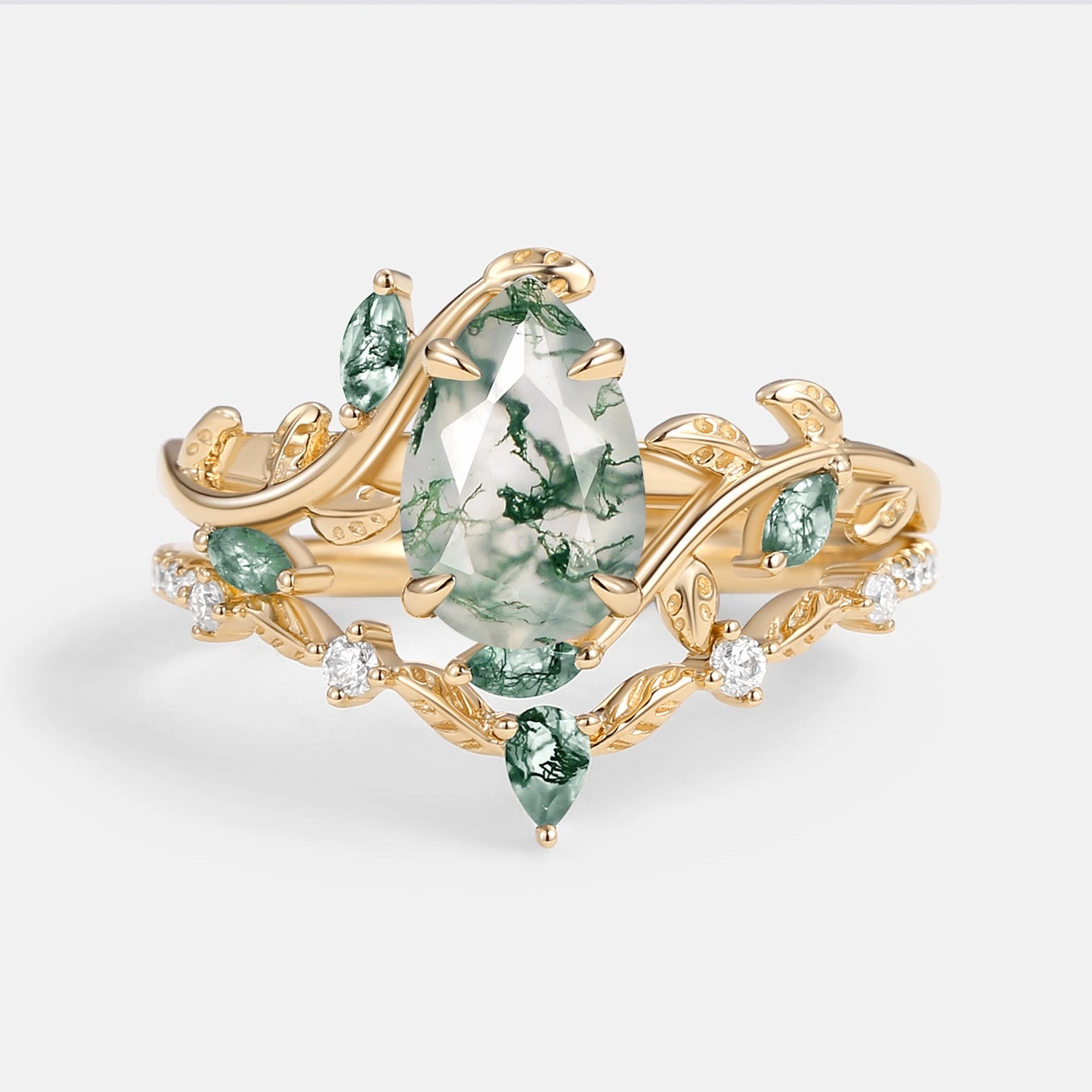 Everyday Spark Green Moss Agate Pear Vine Engagement Ring Set 2pcs - Daphne