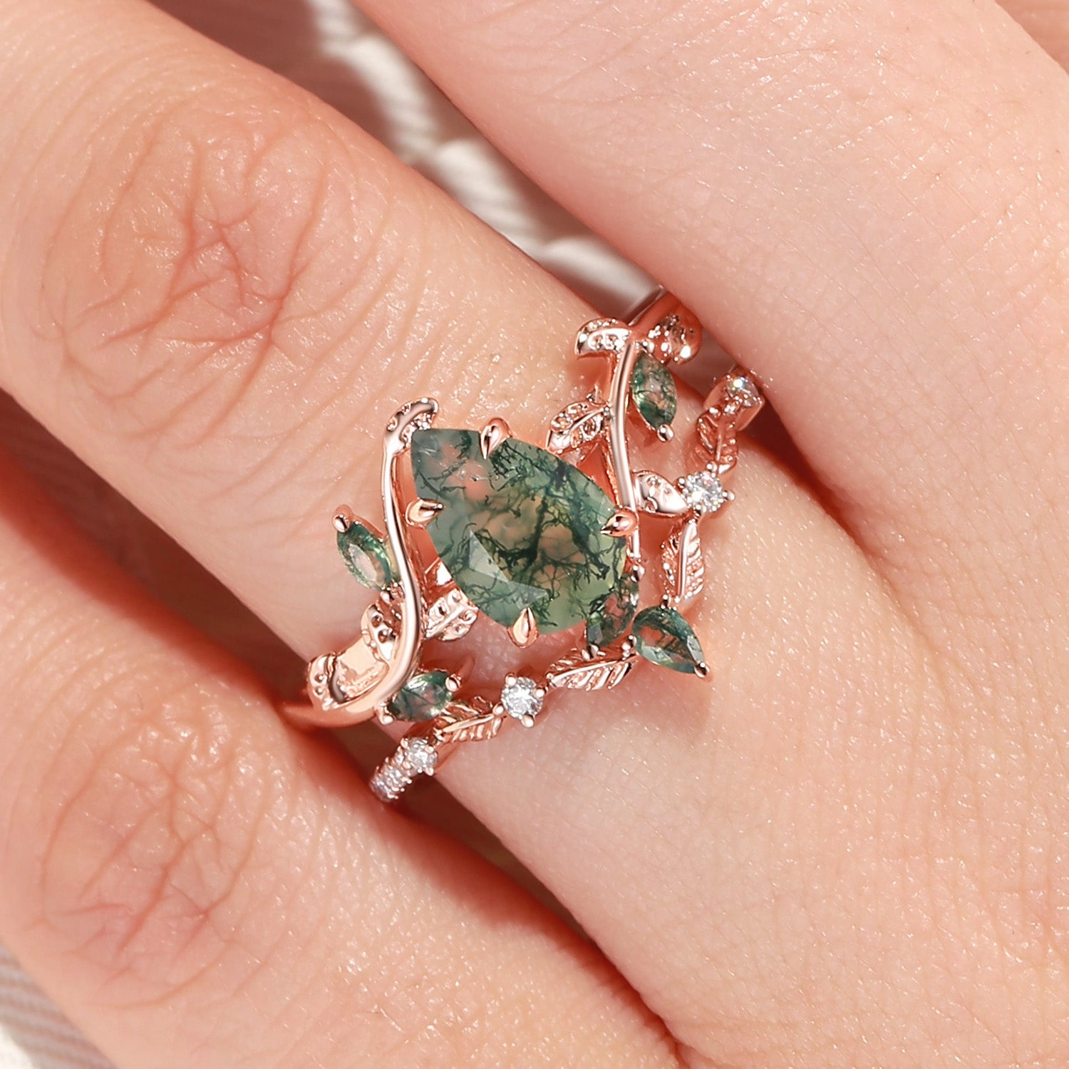 Wonderful Article Green Moss Agate Pear Vine Engagement Ring Set 2pcs - Daphne