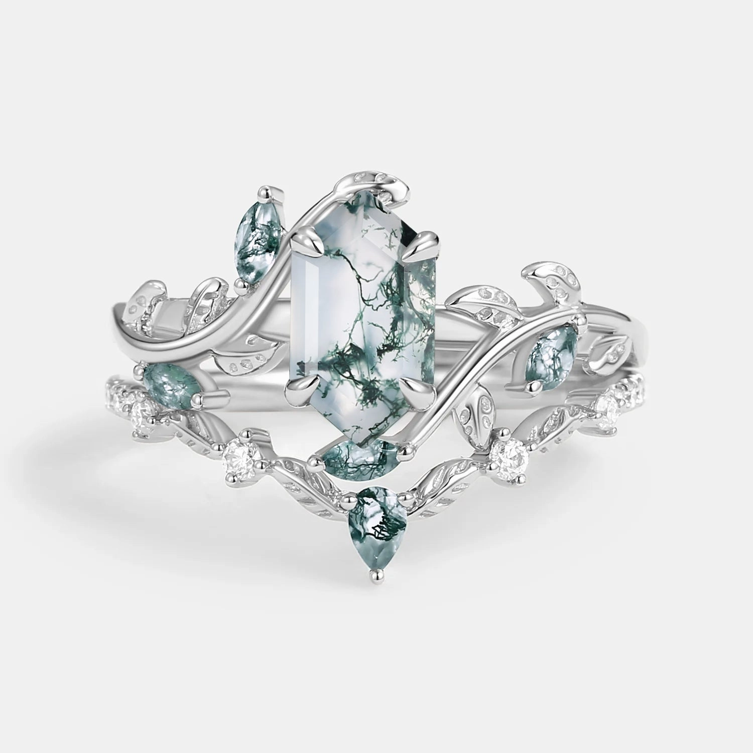 Showcase Jewelry Green Nature Moss Agate Long Hexagon Vine Engagement Ring Set 2pcs - Daphne