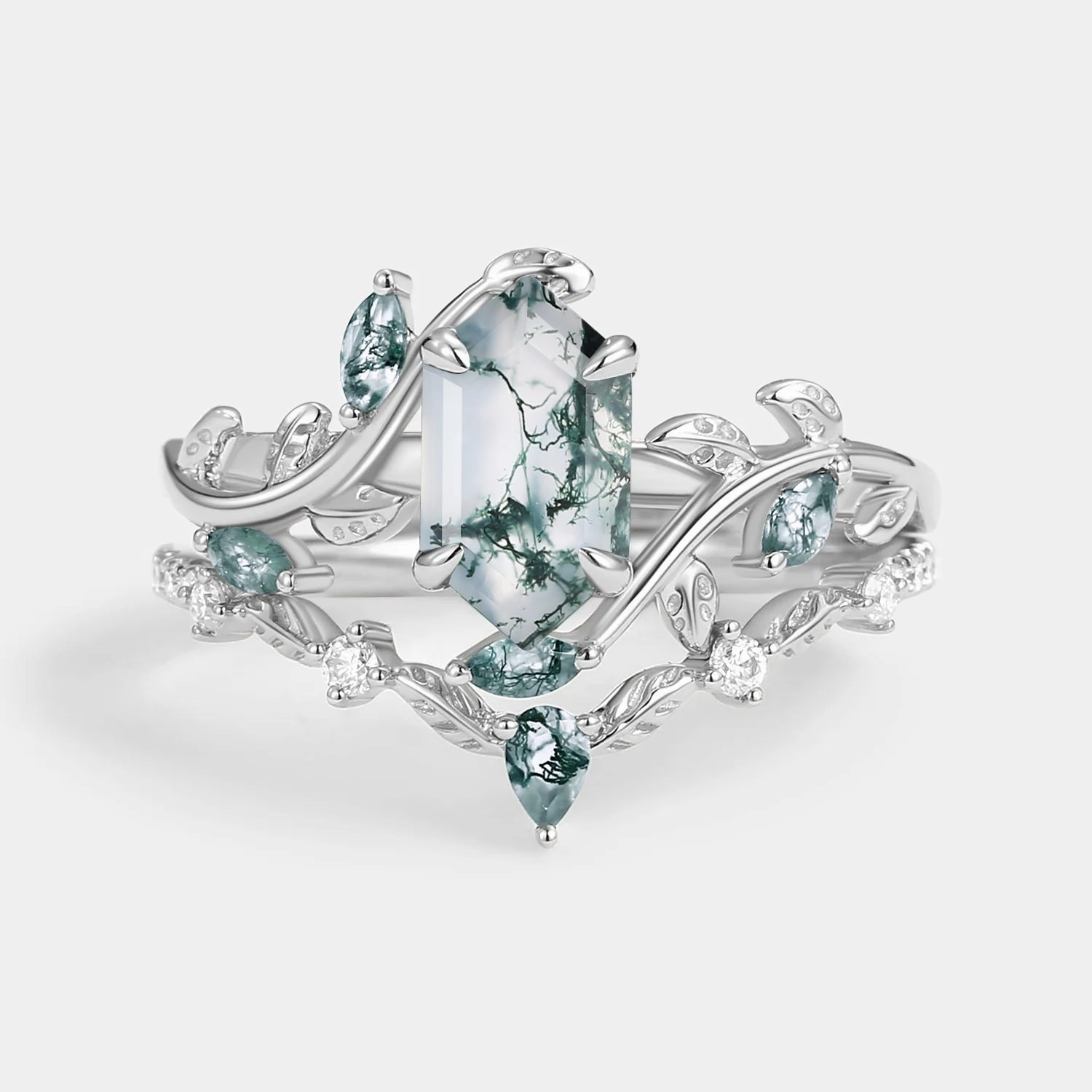 Green Nature Moss Agate Long Hexagon Vine Engagement Ring Set 2pcs - Daphne Flat Lay Premium Edge