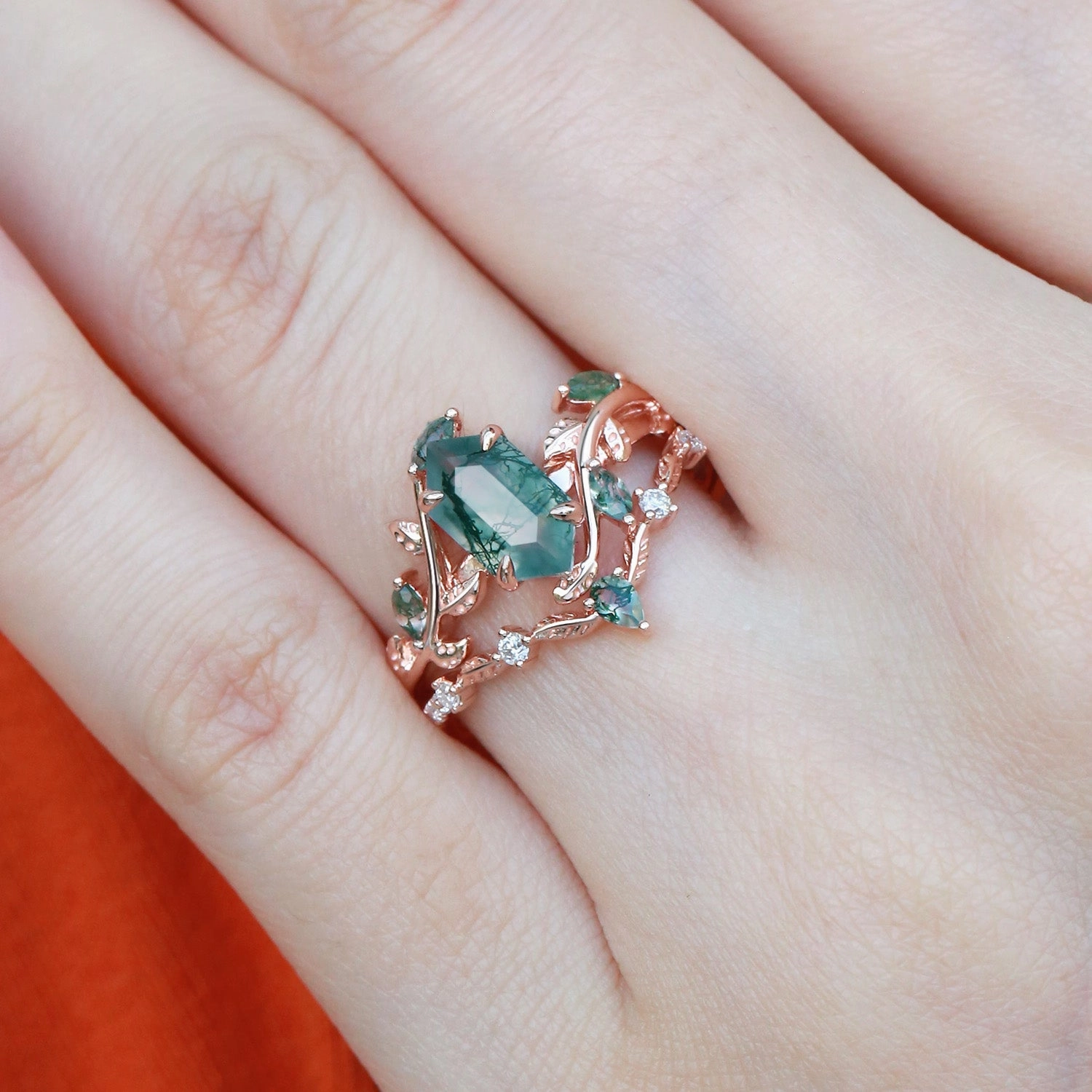 elegant curve Statement Piece Green Nature Moss Agate Long Hexagon Vine Engagement Ring Set 2pcs - Daphne
