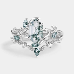 Green Nature Moss Agate Long Hexagon Vine Engagement Ring Set 2pcs - Daphne Flat Lay Premium Edge