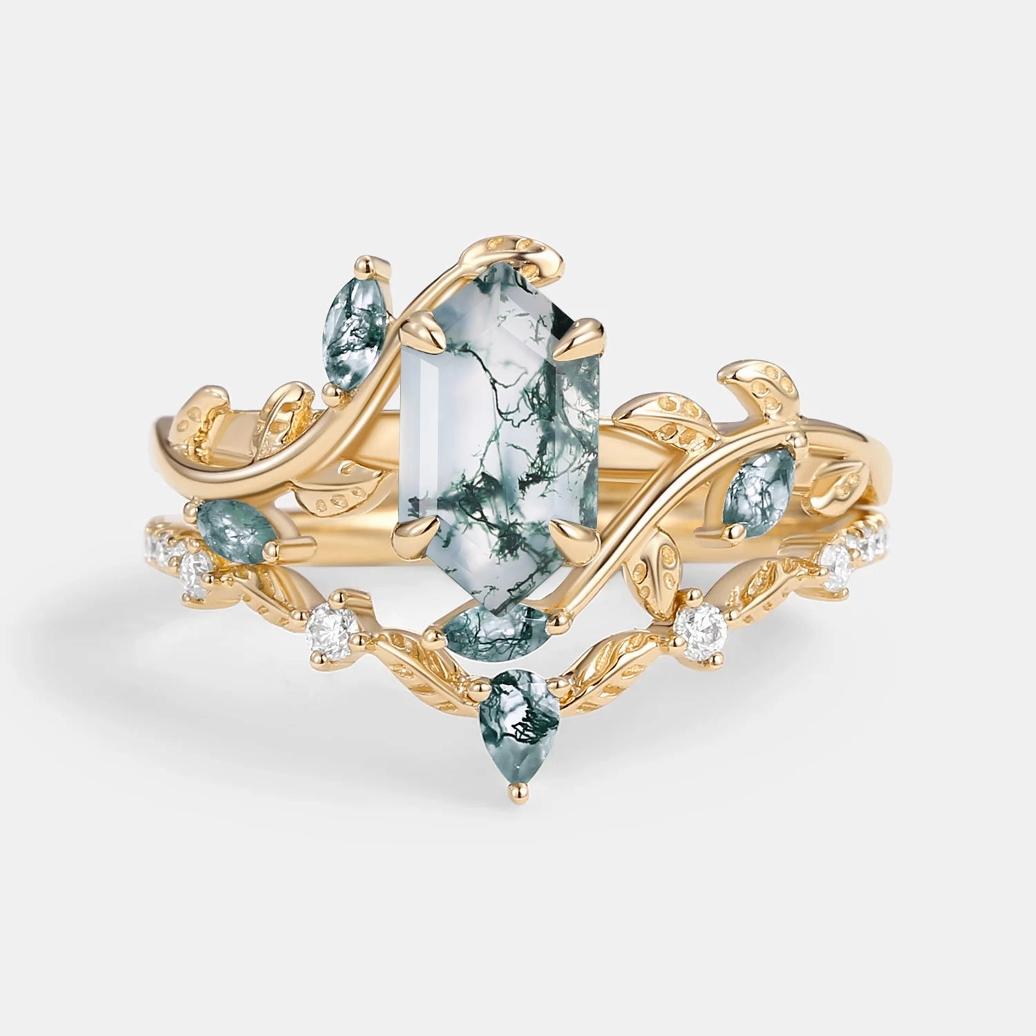 Compact Fit Vintage Accessory Green Nature Moss Agate Long Hexagon Vine Engagement Ring Set 2pcs - Daphne