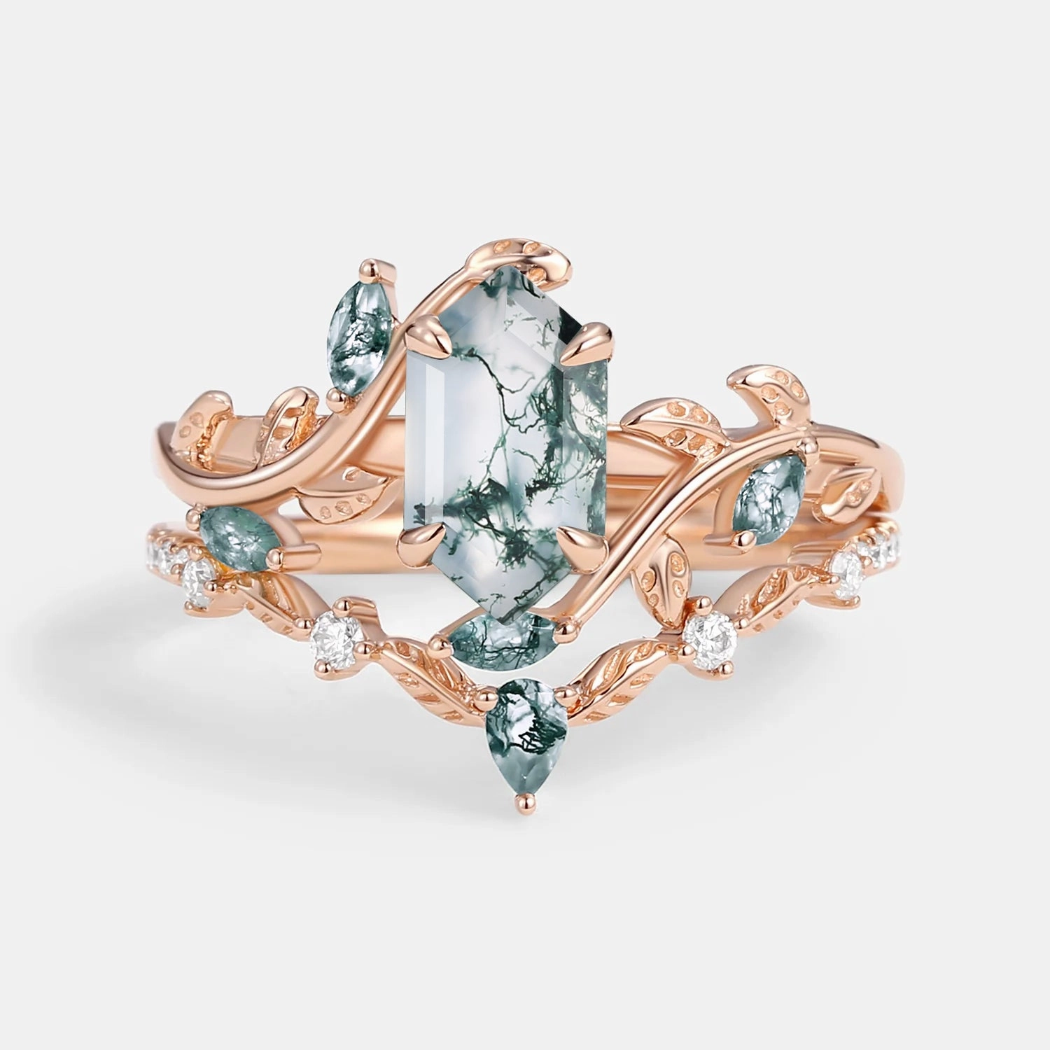Modern Mark Green Nature Moss Agate Long Hexagon Vine Engagement Ring Set 2pcs - Daphne