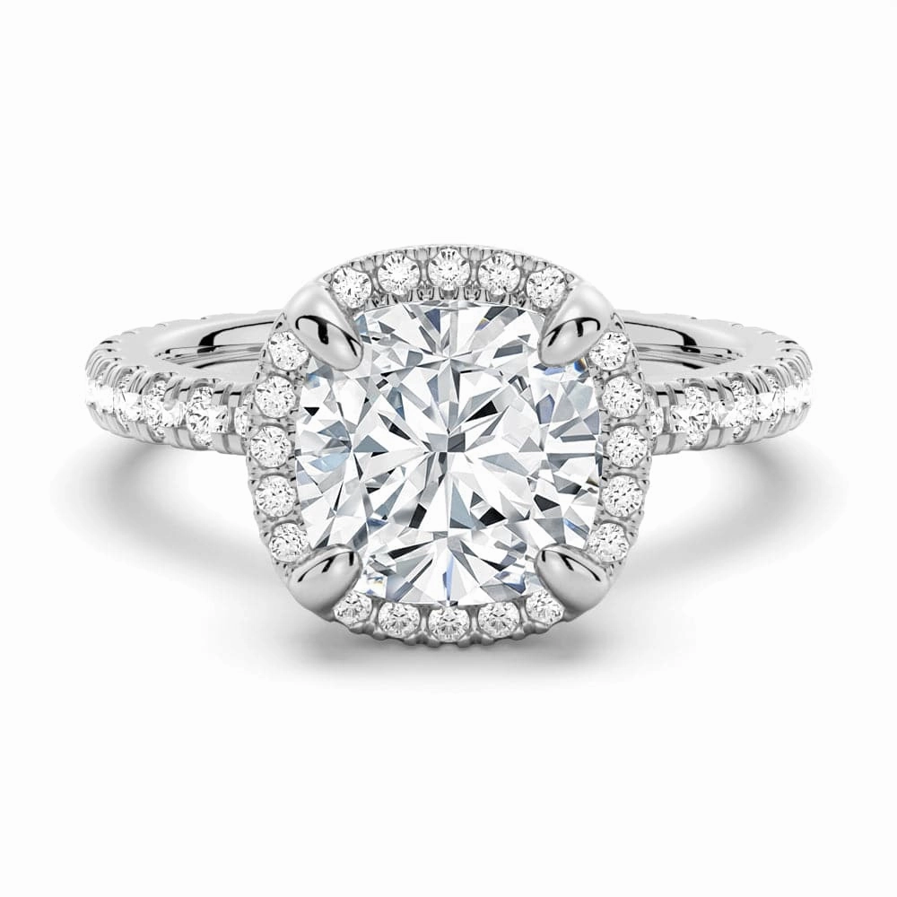 Golden Accent Half Eternity Cushion Cut Moissanite Halo Engagement Ring