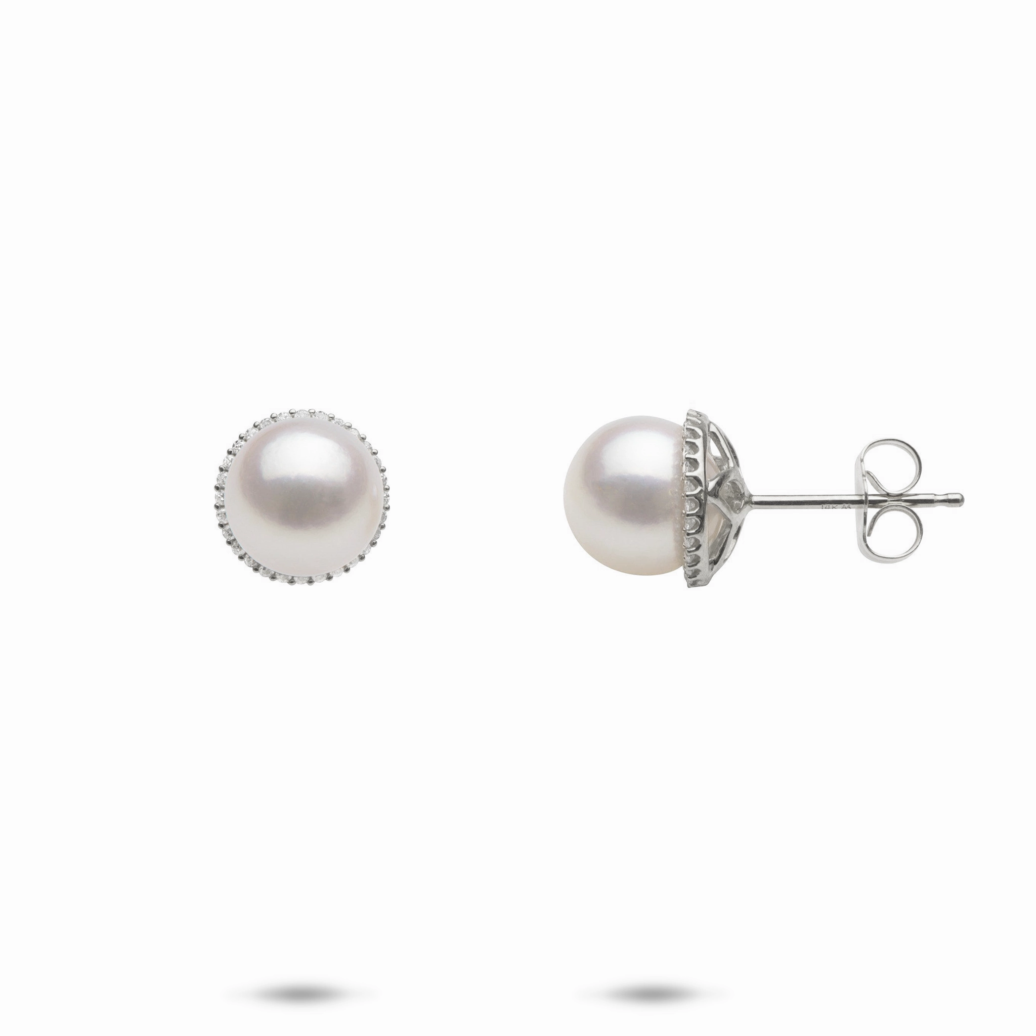 Layered Glow Luxury Contour Halo Akoya White Pearl Earrings in White Gold with Diamonds - 8-8.5mm