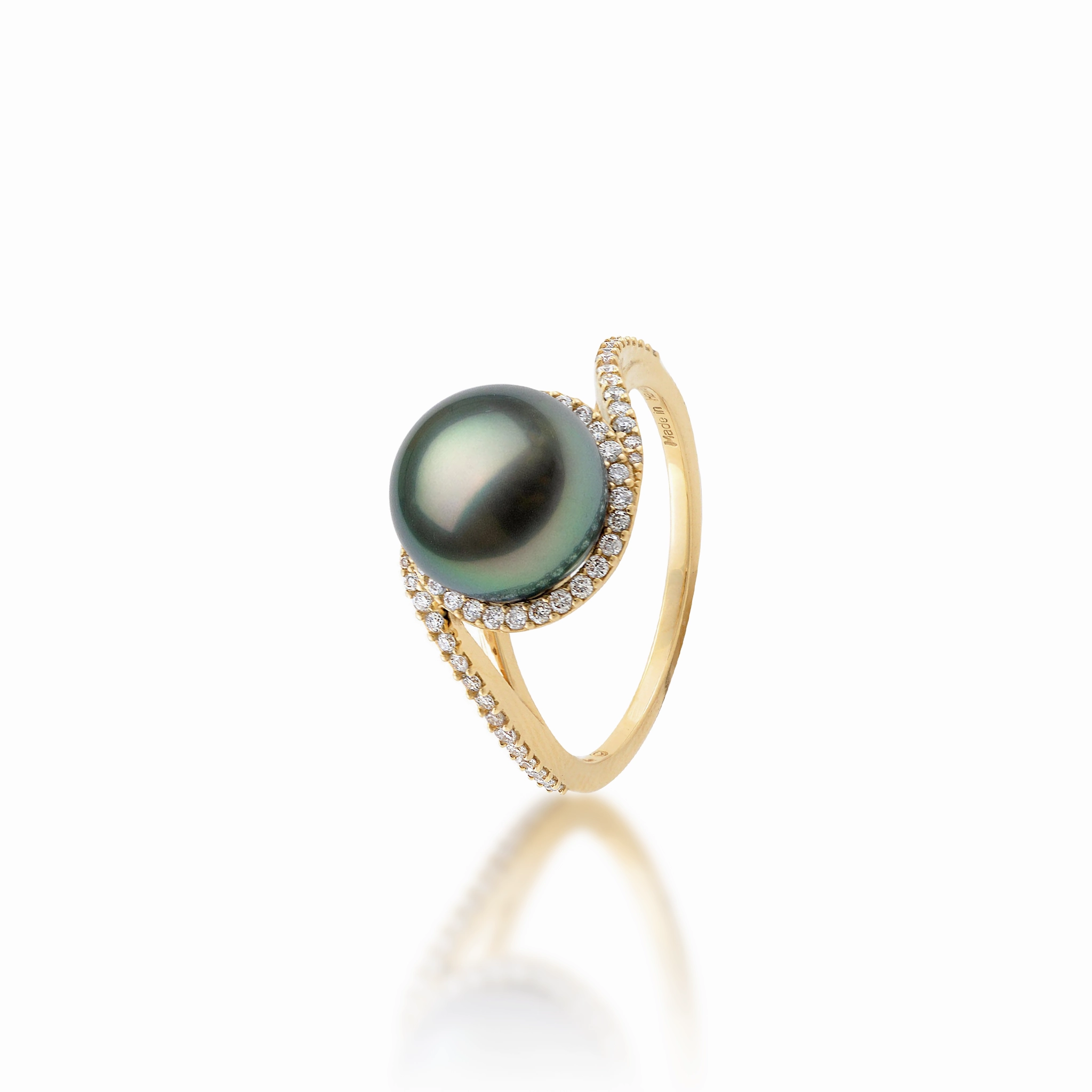 Rich Shine Rich Detailing Halo Bypass Tahitian Black Pearl Ring in Gold with Diamonds - 9-10mm