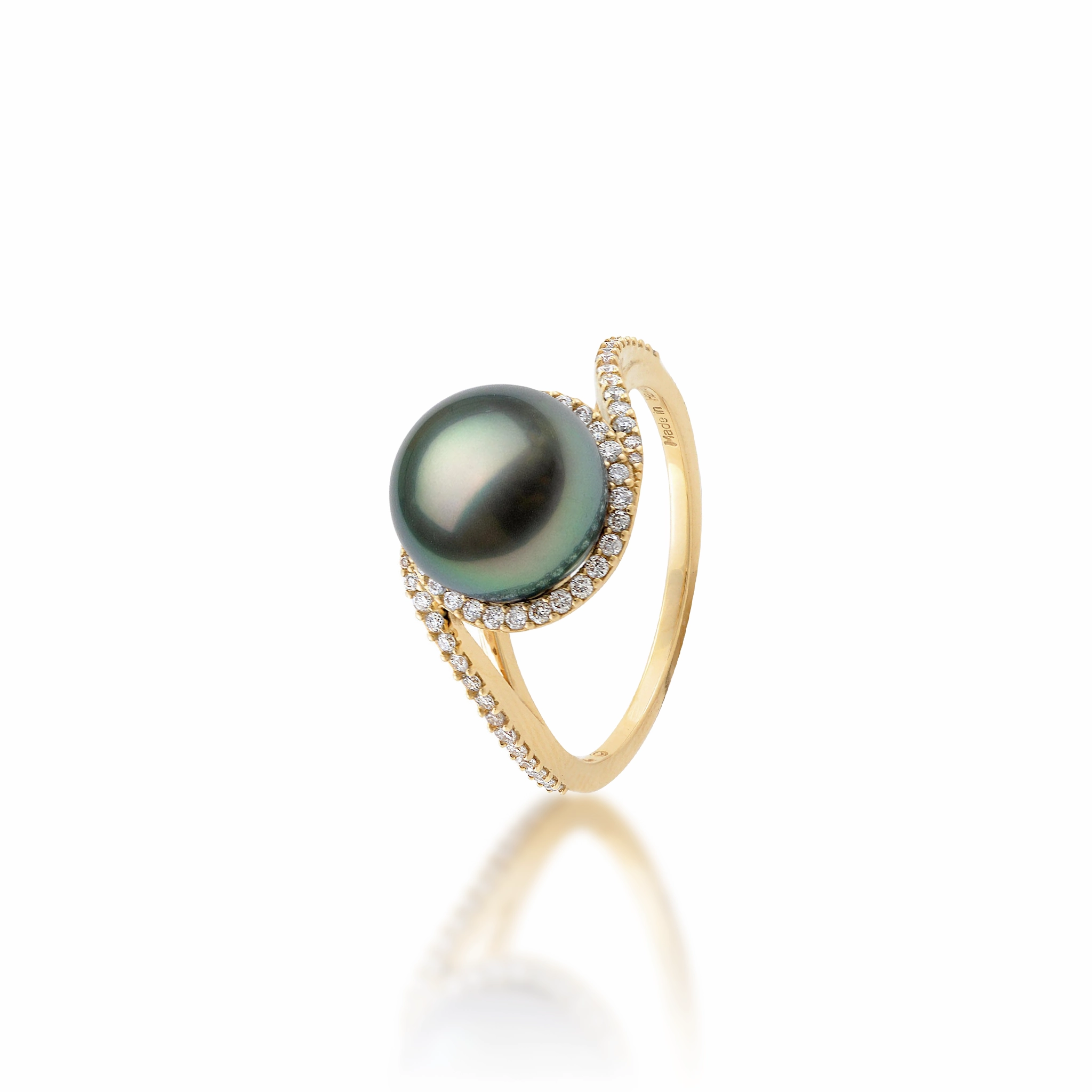 Elegant Craftwork Distinct Highlight Halo Bypass Tahitian Black Pearl Ring in Gold with Diamonds - 9-10mm
