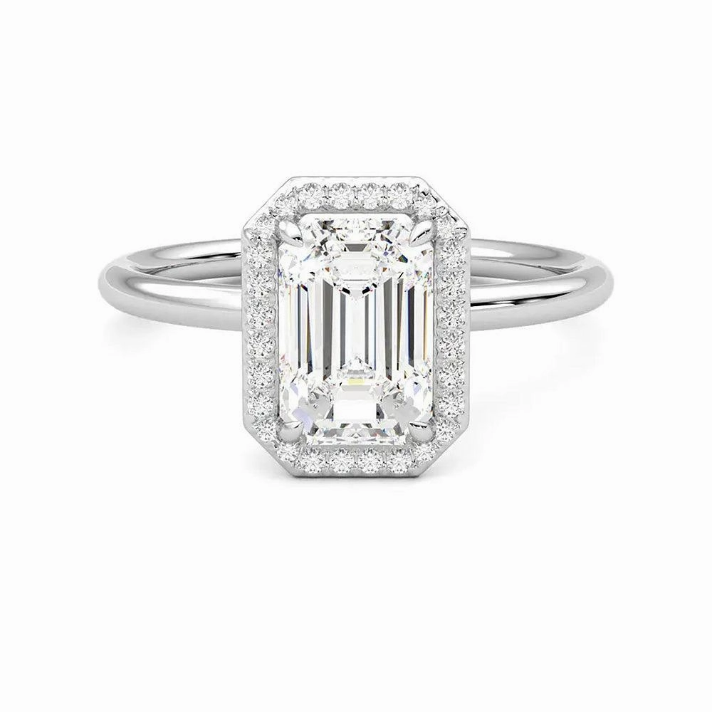 Charming Stones Halo Emerald Cut Moissanite Engagement Ring with Hidden Anniversary Stone Accent