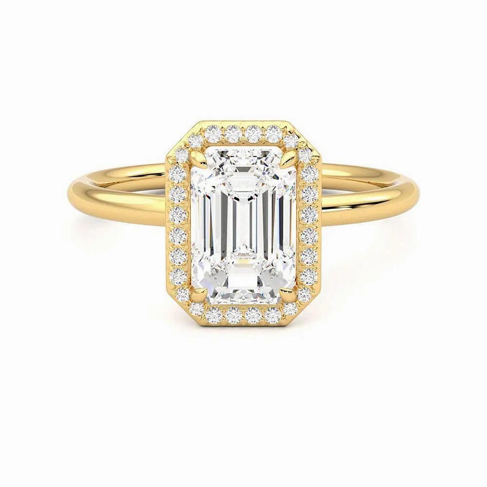 Halo Emerald Cut Moissanite Engagement Ring with Hidden Anniversary Stone Accent Glow Up Look