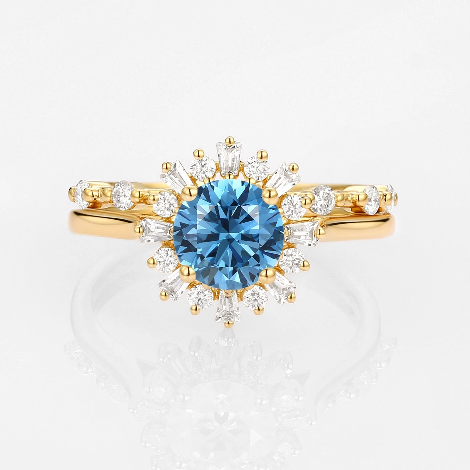 Ornate Adornment Dramatic Detail Halo Floral Round Blue Lab Grown Diamond Ring Set 2pcs - Sol