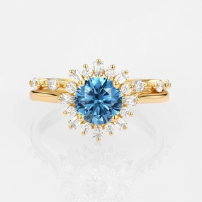 Ornate Adornment Dramatic Detail Halo Floral Round Blue Lab Grown Diamond Ring Set 2pcs - Sol