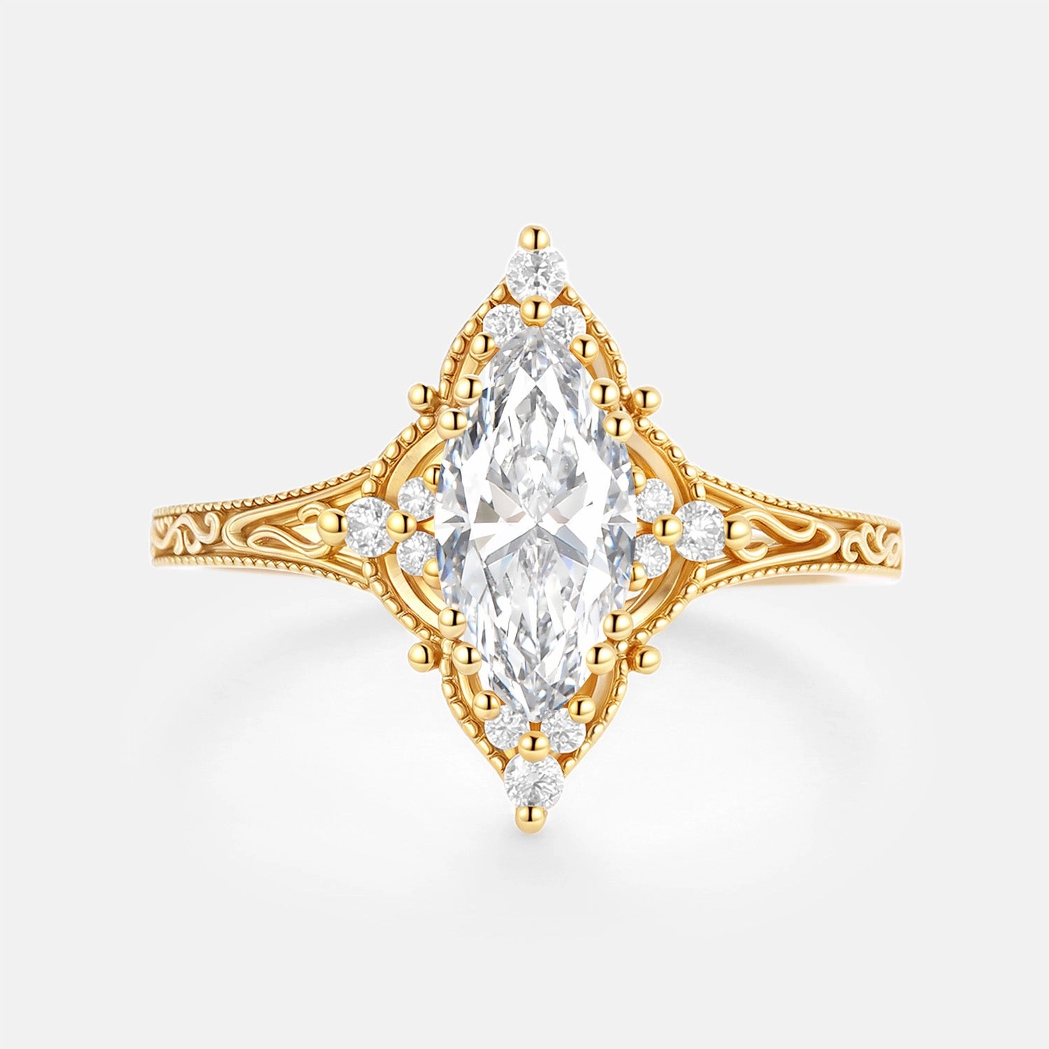 Contemporary Craft Modern Embellishment Halo Marquise Lab Grown Diamond Engraved Engagement Ring - Corona