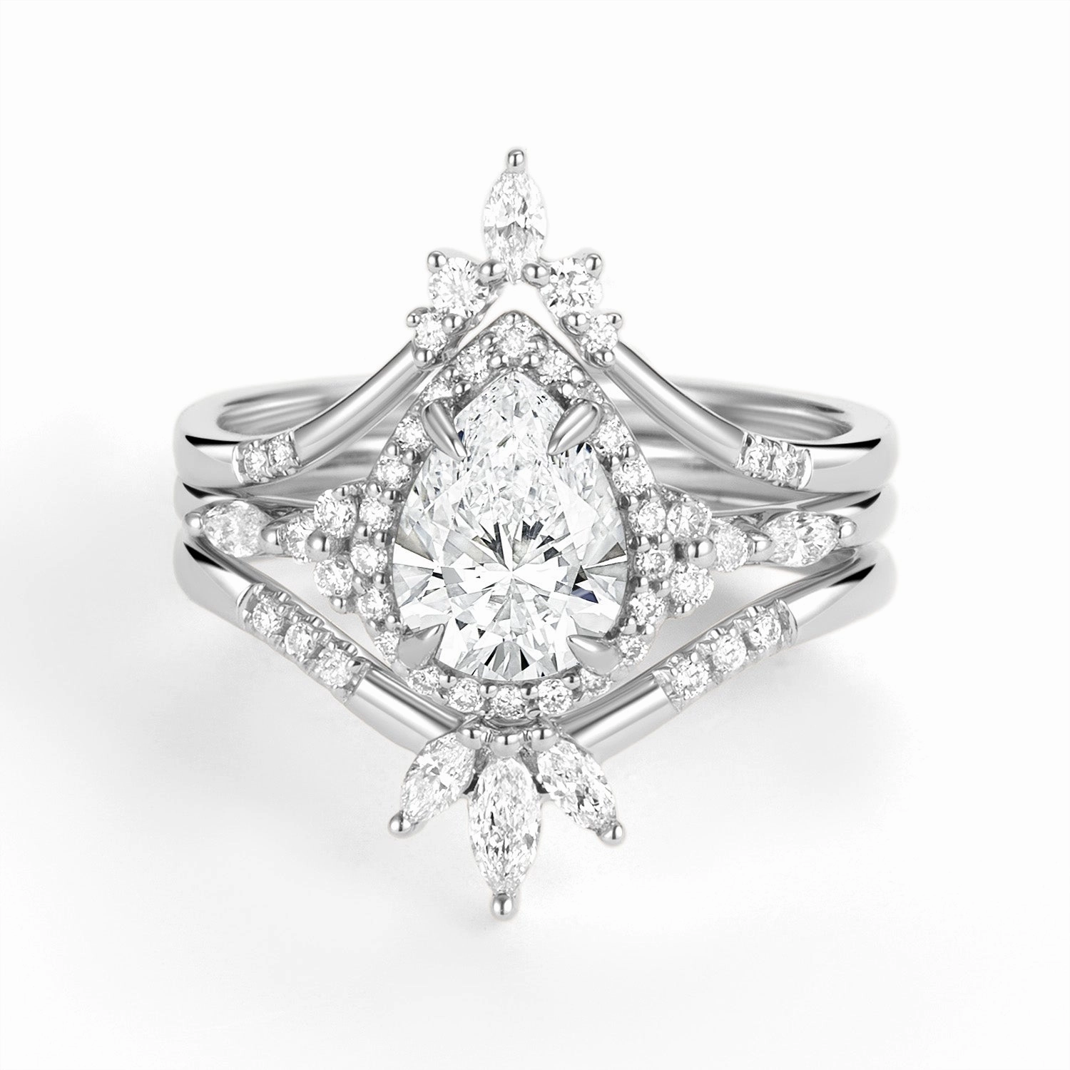 Timeless Treasure Brilliant Work Halo Pear Lab Grown Diamond Engagement Ring Sets 3pcs