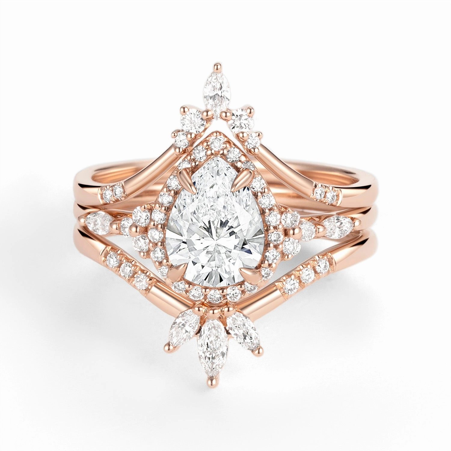 Halo Pear Lab Grown Diamond Engagement Ring Sets 3pcs square shape Meaningful Expression