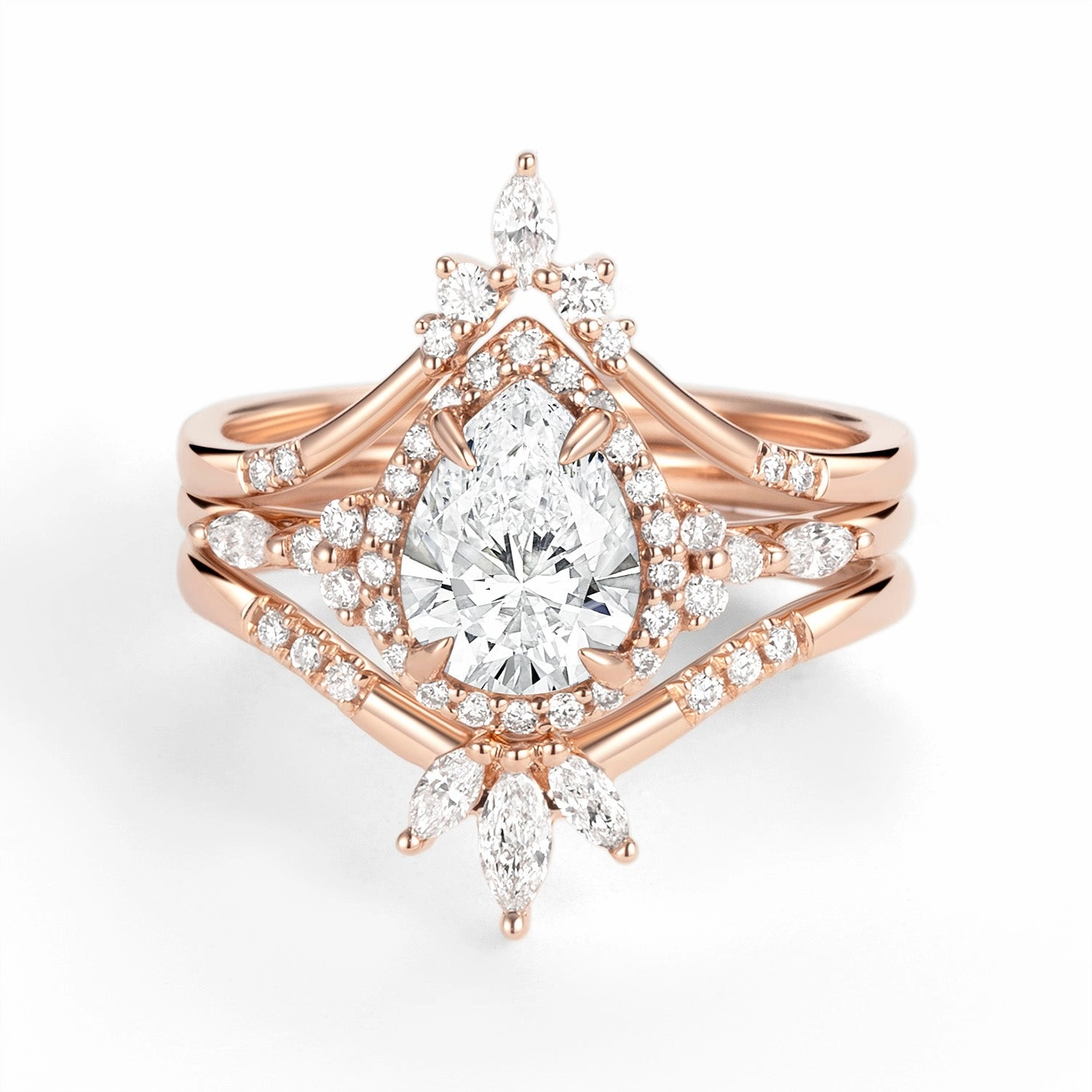 Halo Pear Lab Grown Diamond Engagement Ring Sets 3pcs Delicate Adornment