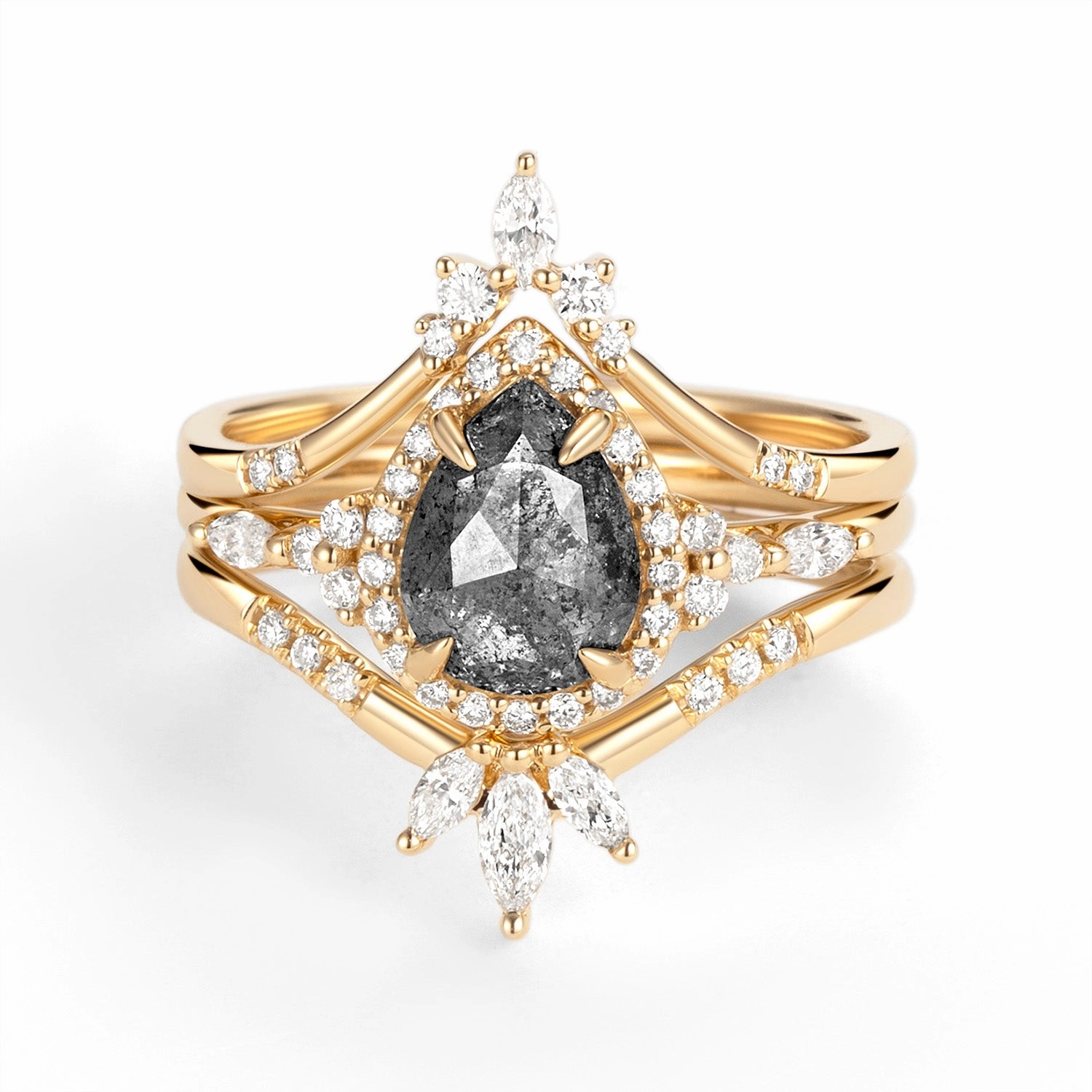 Vibrant Shine Finish Impeccable Form Halo Pear Salt and Pepper Diamonds Engagement Ring Sets 3pcs