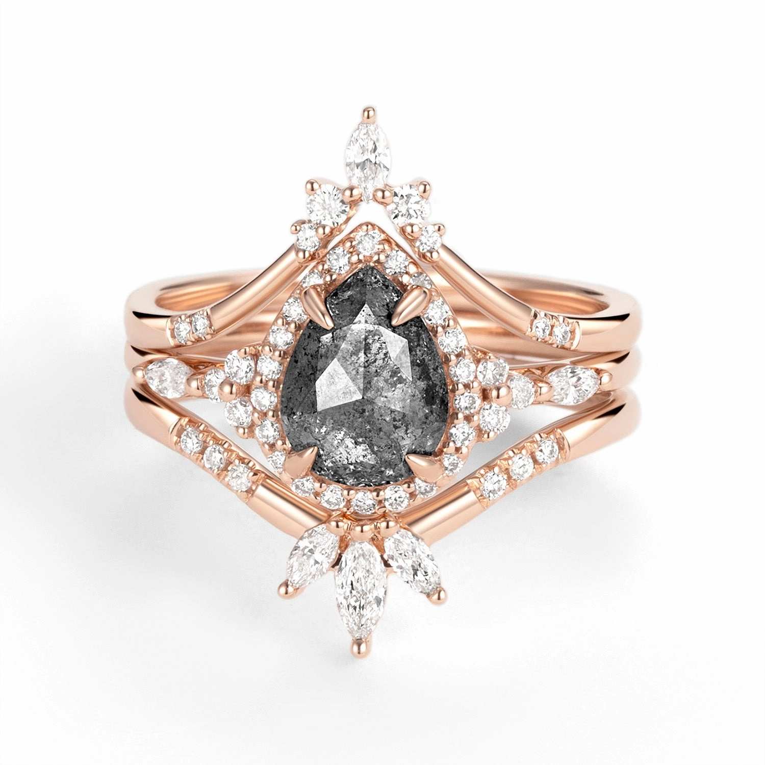 Halo Pear Salt and Pepper Diamonds Engagement Ring Sets 3pcs Handcrafted Item Hypoallergenic product