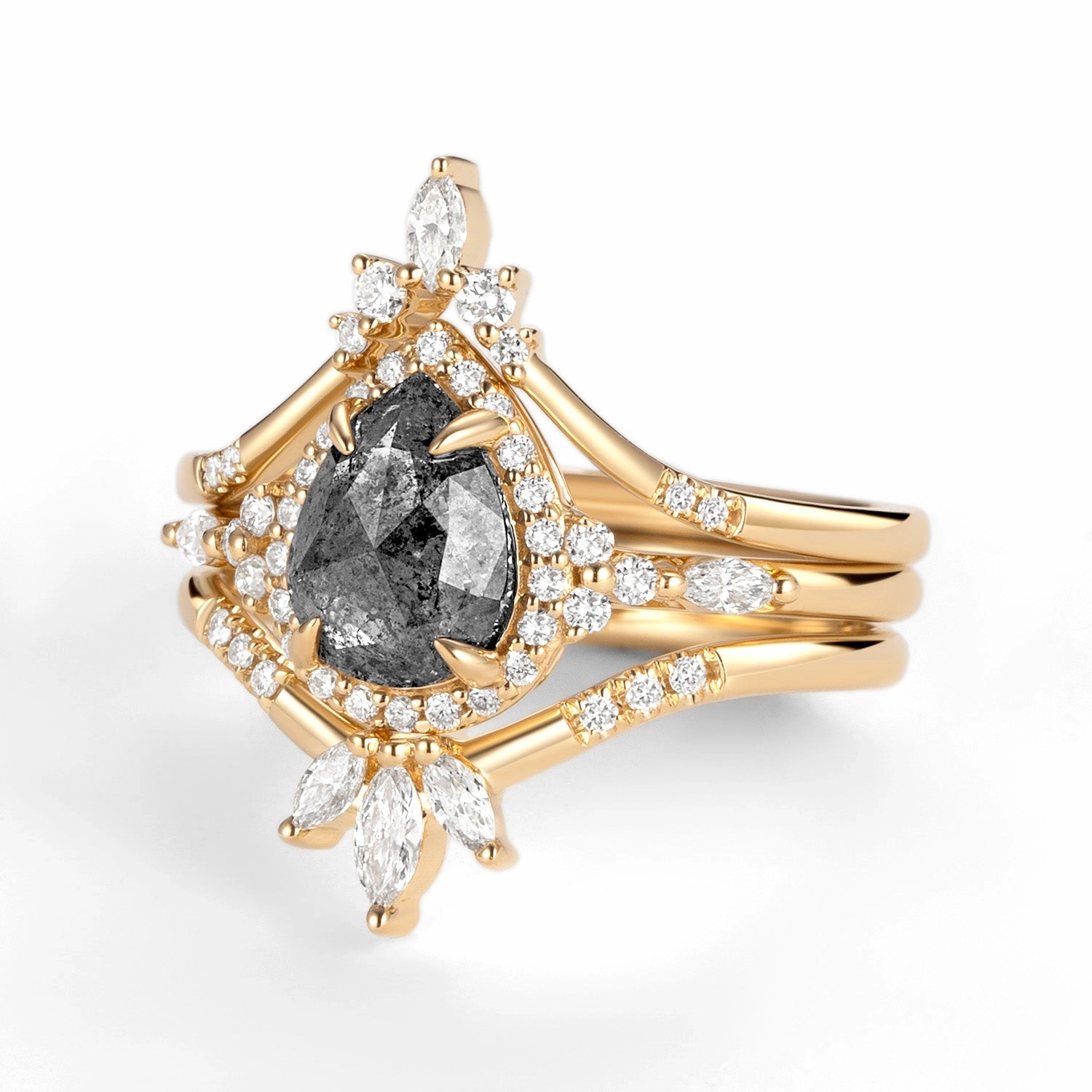 Halo Pear Salt and Pepper Diamonds Engagement Ring Sets 3pcs Dreamy Gift Refined Balance