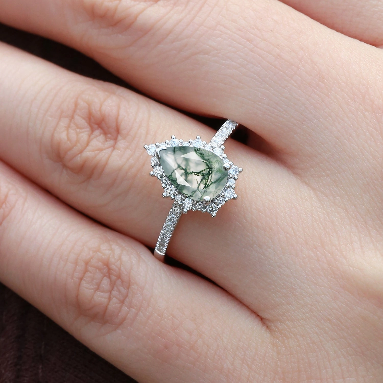 Halo Pear Shaped Moss Agate Engagement Ring - Ophelia Designer Ornament Youthful Accessory