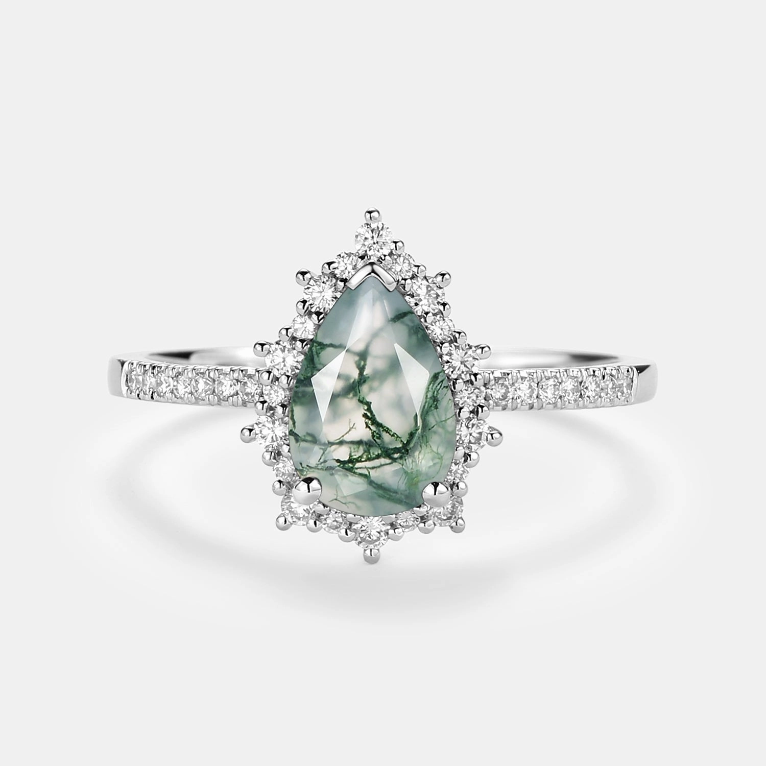 Daily Classic Halo Pear Shaped Moss Agate Engagement Ring - Ophelia