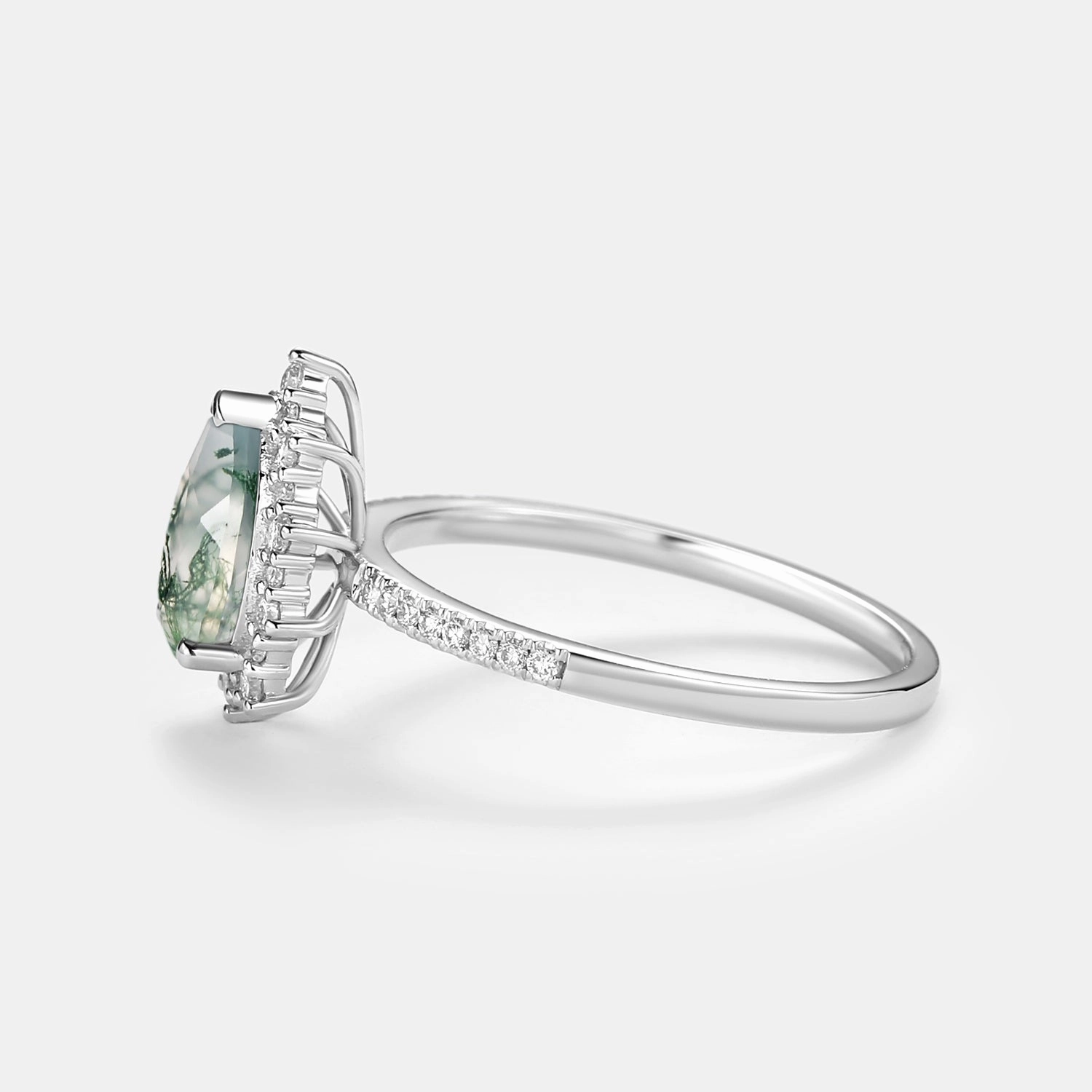 Gift Guide Boho Jewelry Halo Pear Shaped Moss Agate Engagement Ring - Ophelia