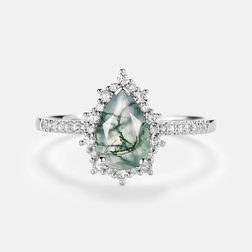 Contemporary Accent Bold Spark Halo Pear Shaped Moss Agate Engagement Ring - Ophelia