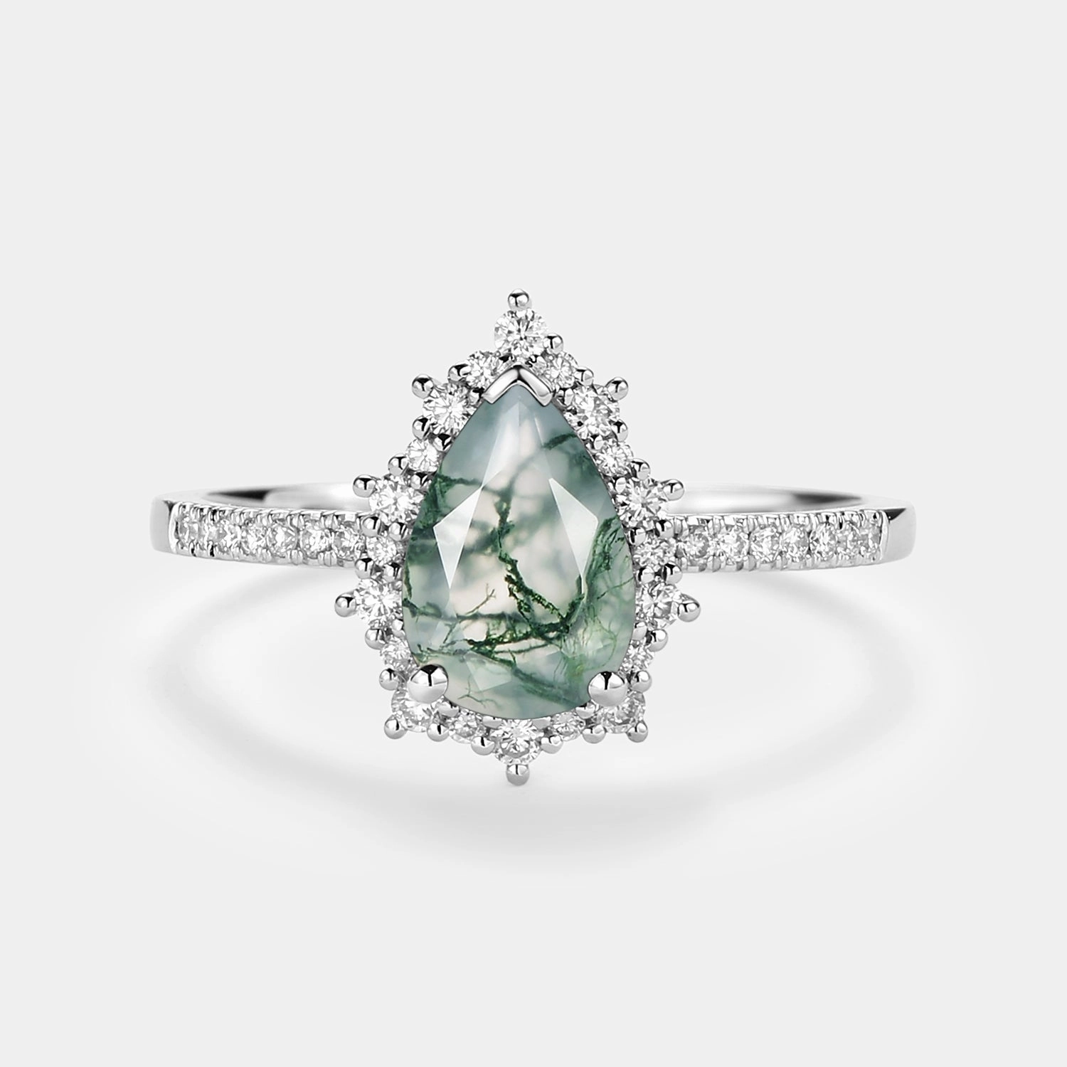 Contemporary Accent Bold Spark Halo Pear Shaped Moss Agate Engagement Ring - Ophelia