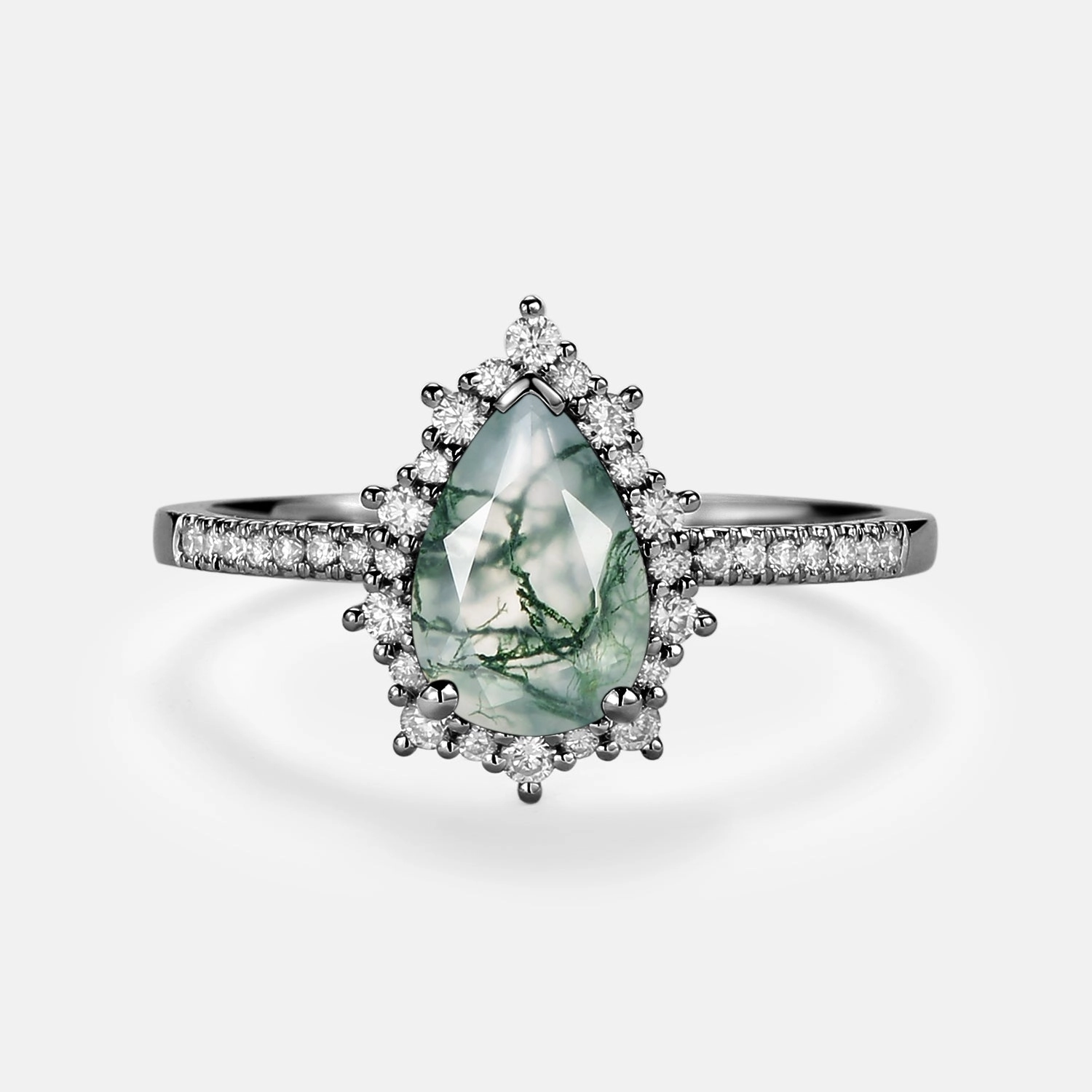 Halo Pear Shaped Moss Agate Engagement Ring - Ophelia Vogue Style Weekend Ready