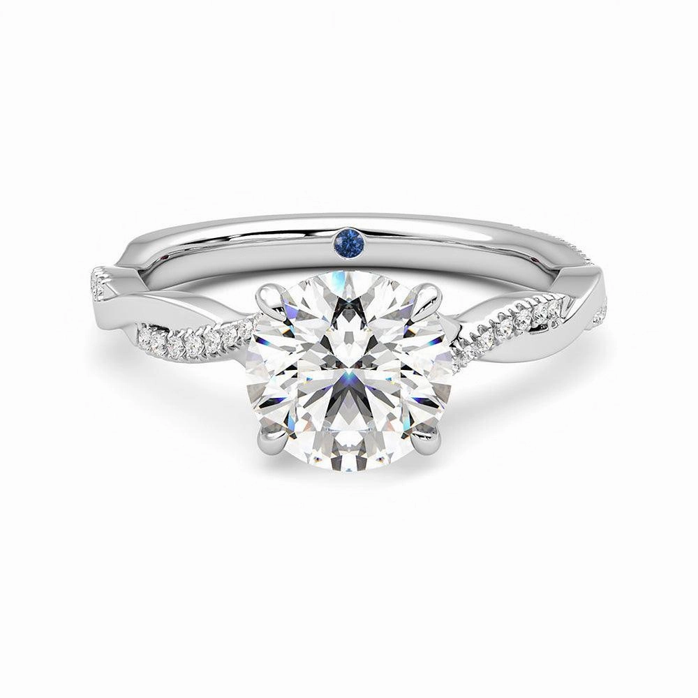 Handcrafted Feature Twisted Band Round Moissanite Engagement Ring with Hidden Anniversary Stone Accent